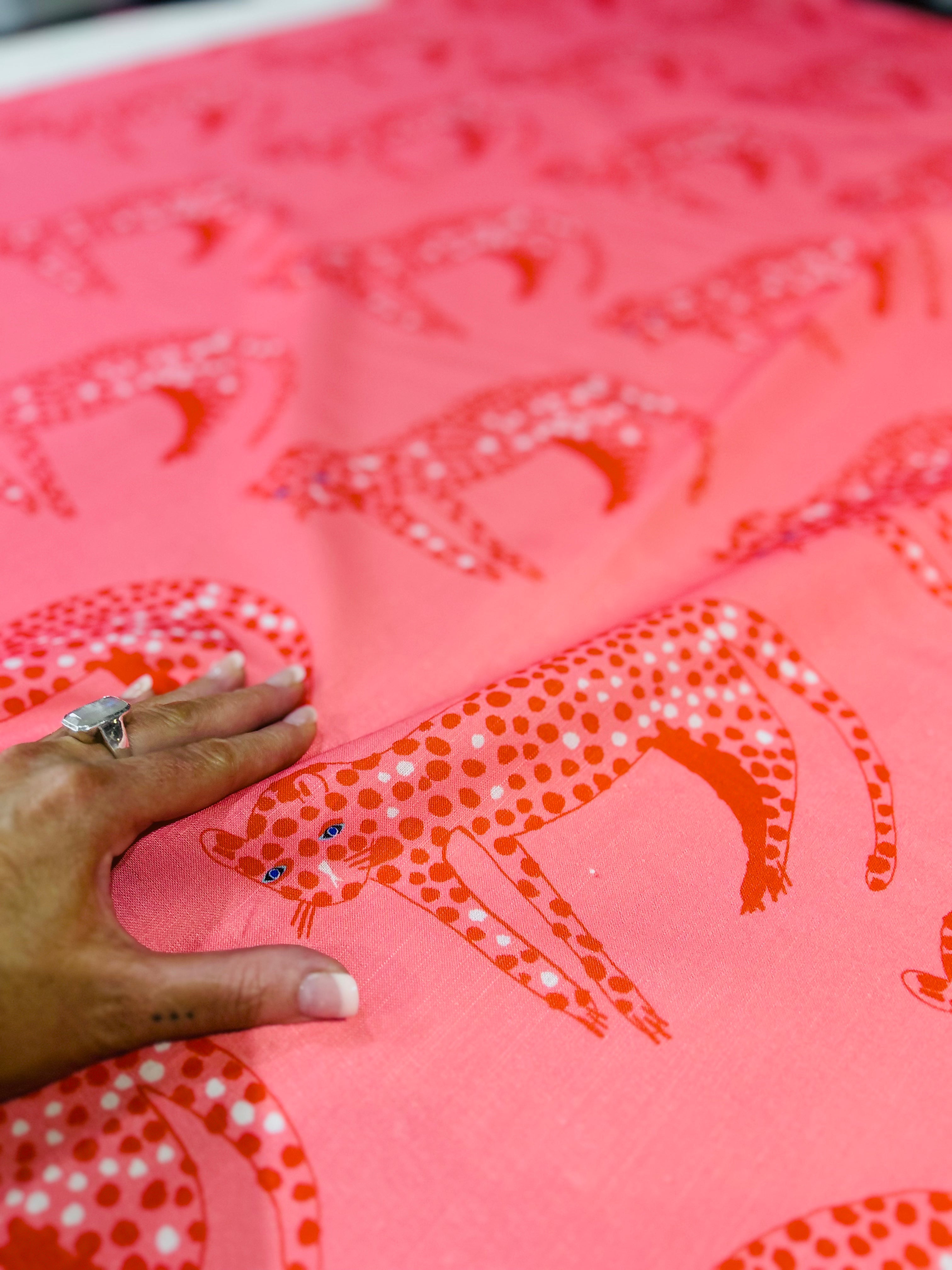 Pink Leopard cotton linen (CUT PIECE 1.2CM $15)