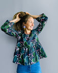 Coral Cactus navy pleated cotton top