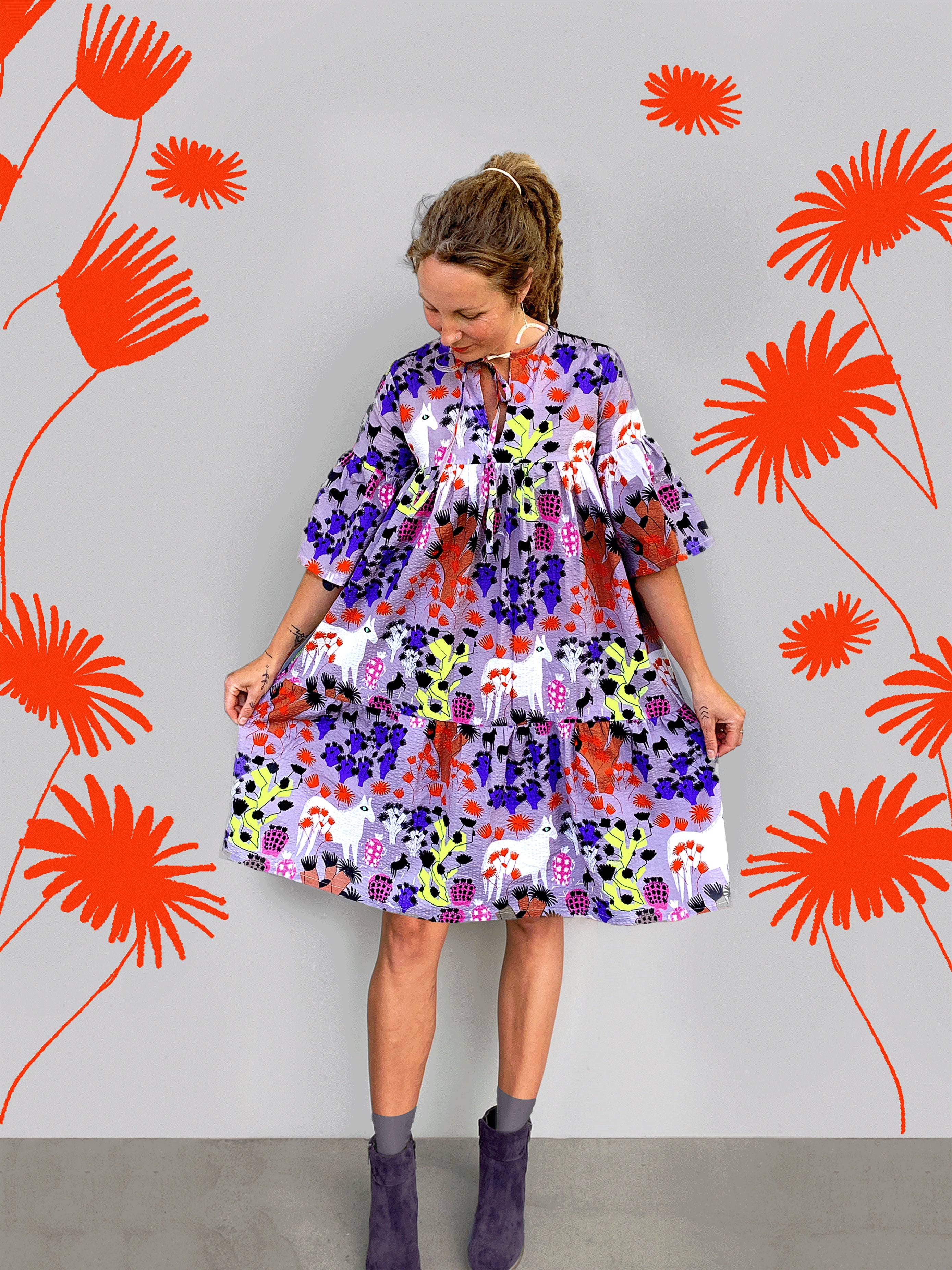 Sample Lumo Glow Cacti dress 100% seersucker cotton