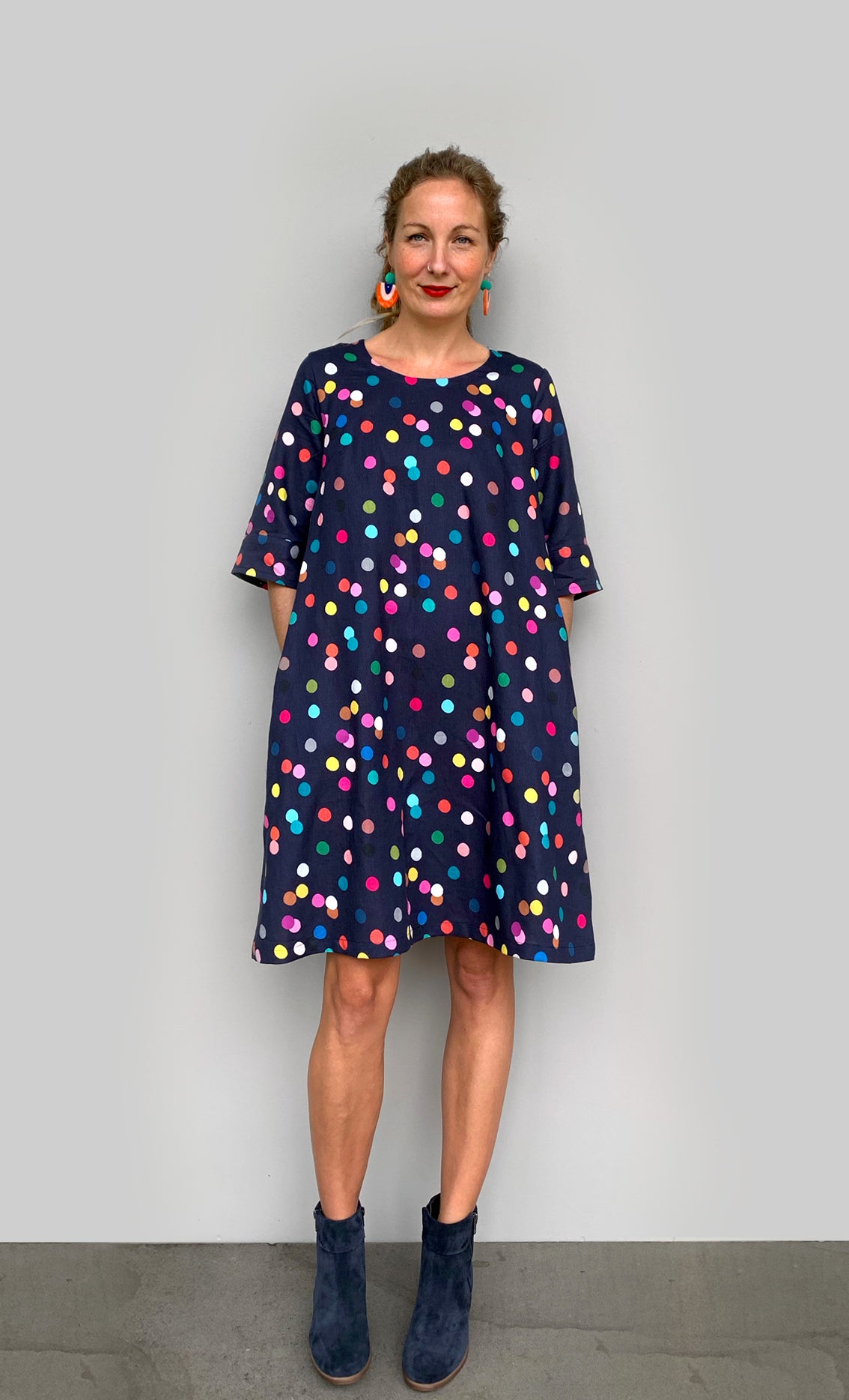 Confetti linen dress with tie (navy)ONLY ONE TEAL LEFT. (2110849712224)