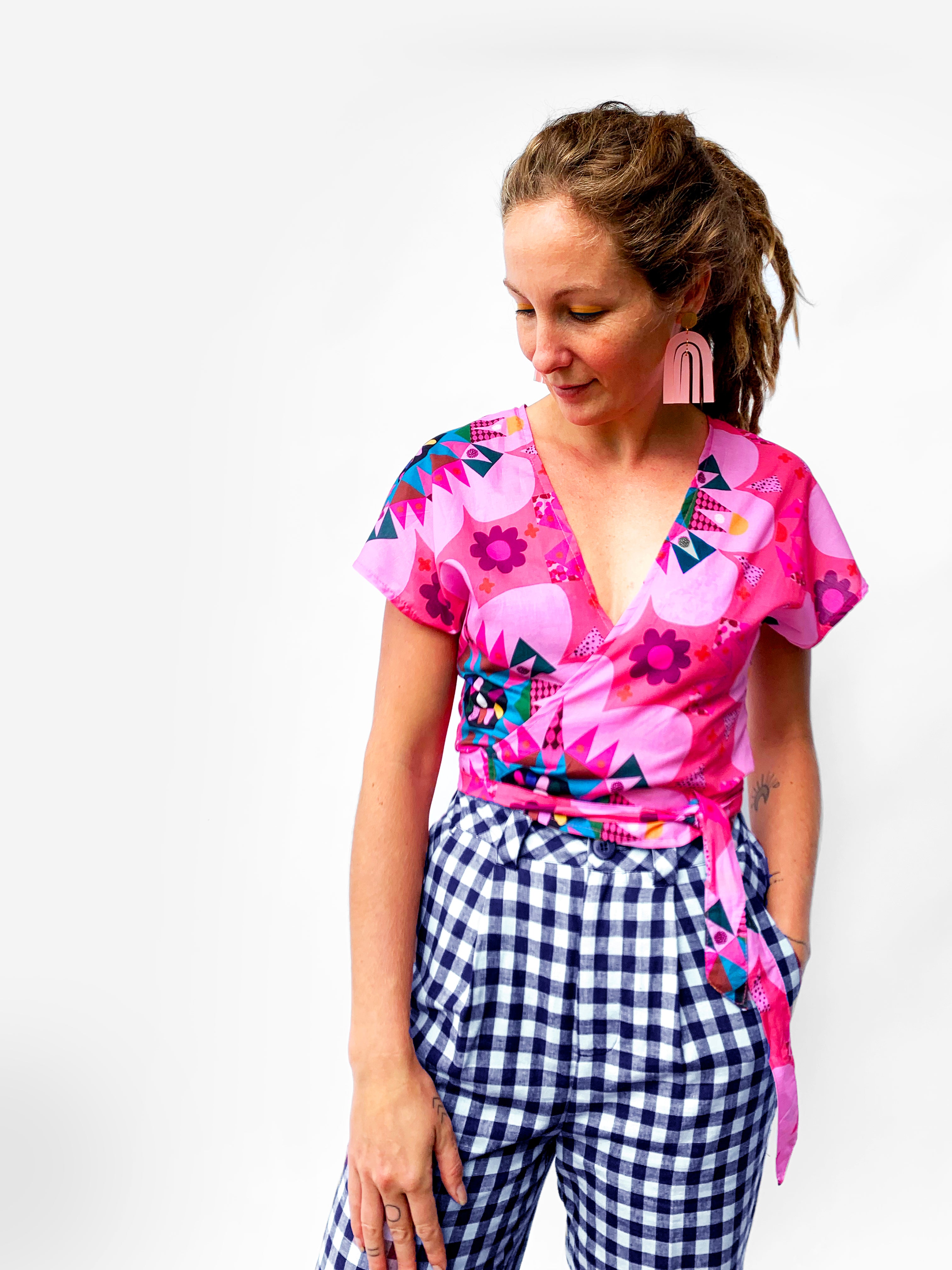 Bright Pink Blink wrap around top 100% cotton (4637697572960)