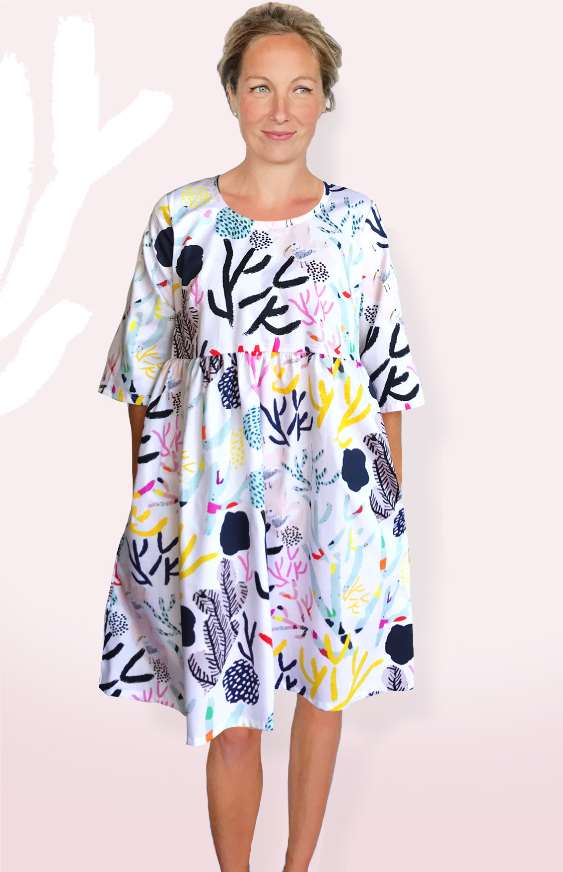 SALE White Coral Garden 100% Organic Cotton Pleated Dress (1404162572384)