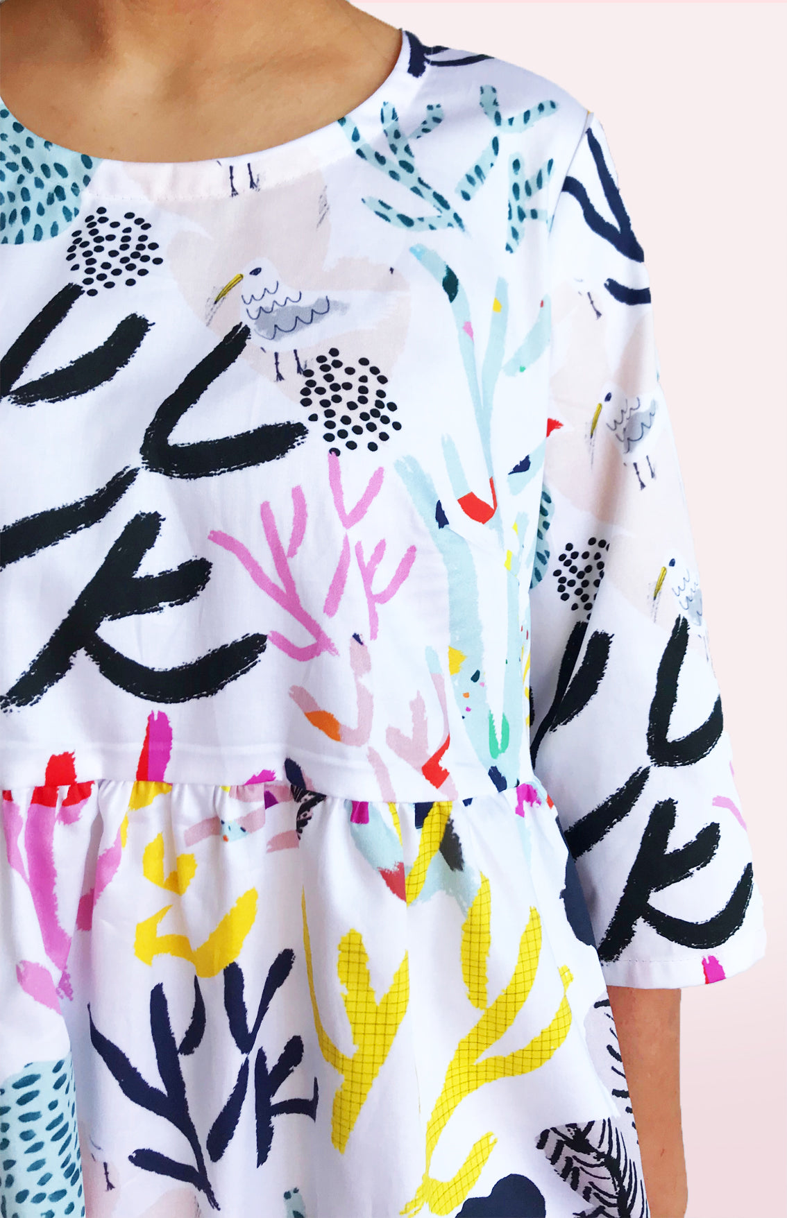 SALE White Coral Garden 100% Organic Cotton Pleated Dress (1404162572384)