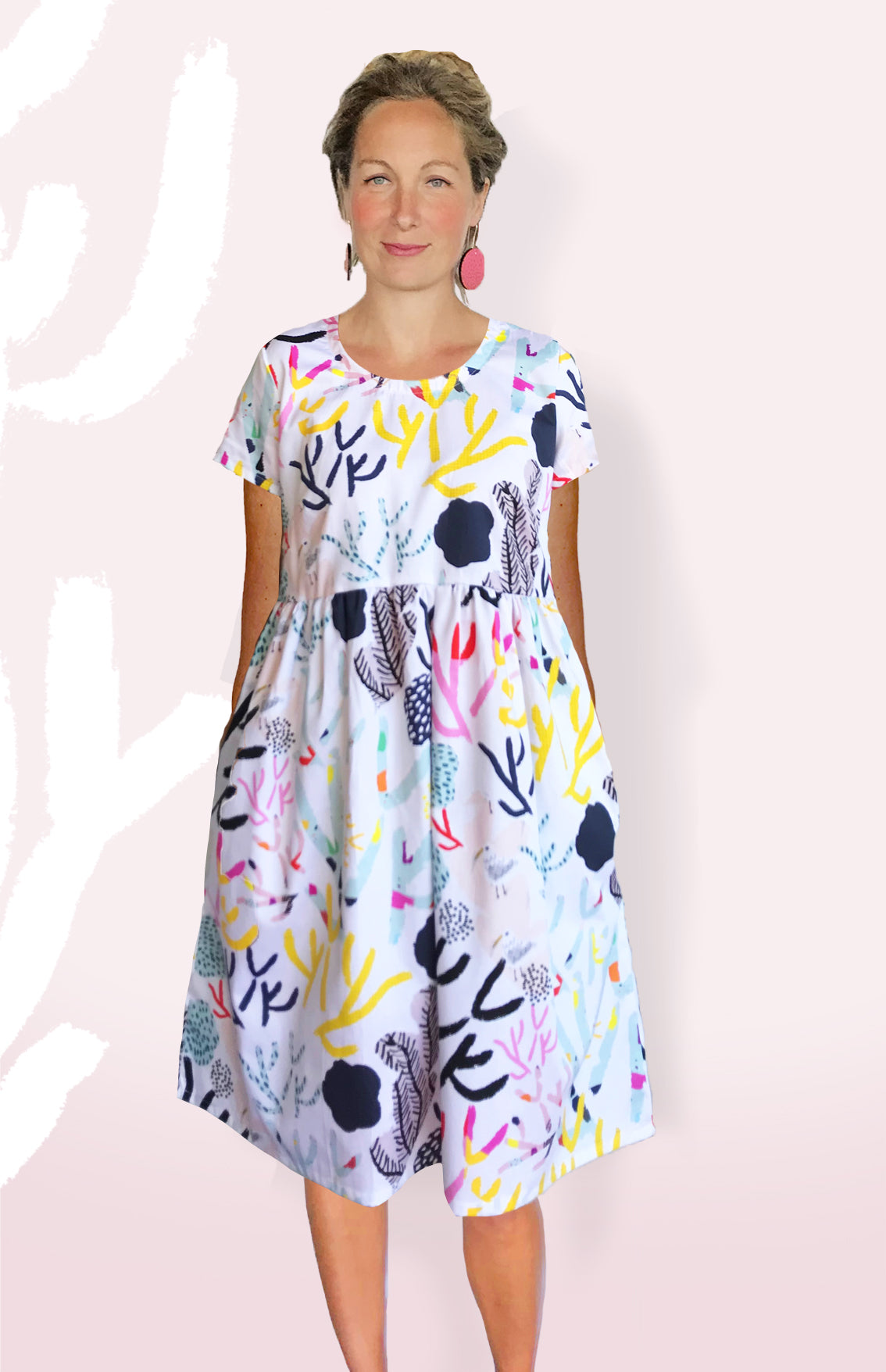 SALE White Coral Garden 100% Organic Cotton Pleated Dress (1404162572384)