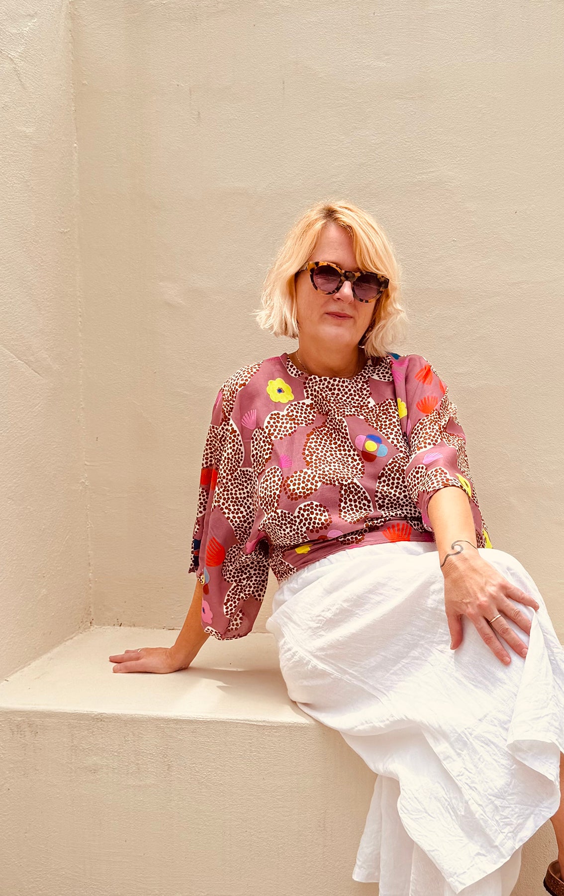 Neon Cacti Bloom 3 quarter sleeve cotton linen top