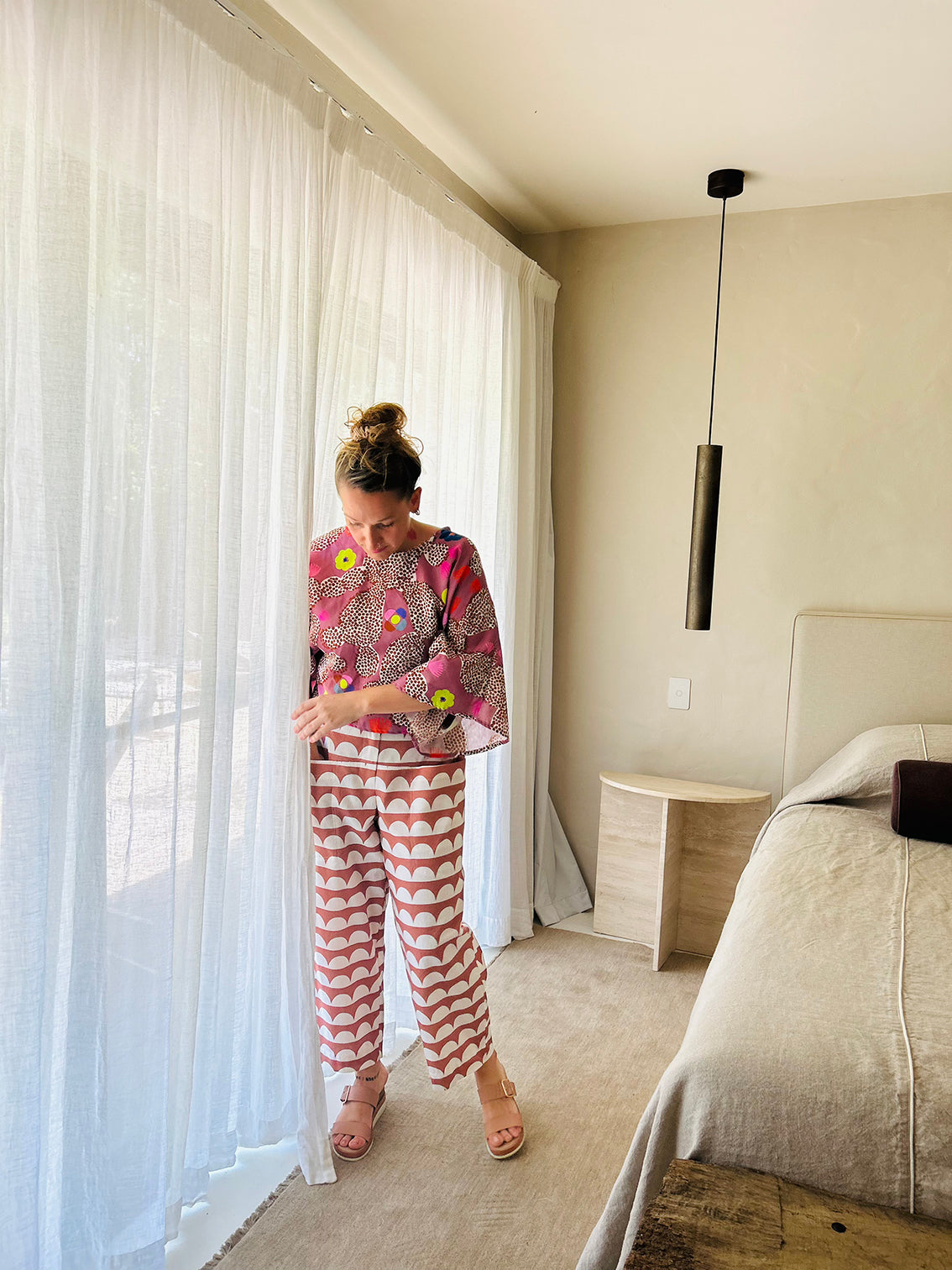 Neon Cacti Bloom 3 quarter sleeve cotton linen top