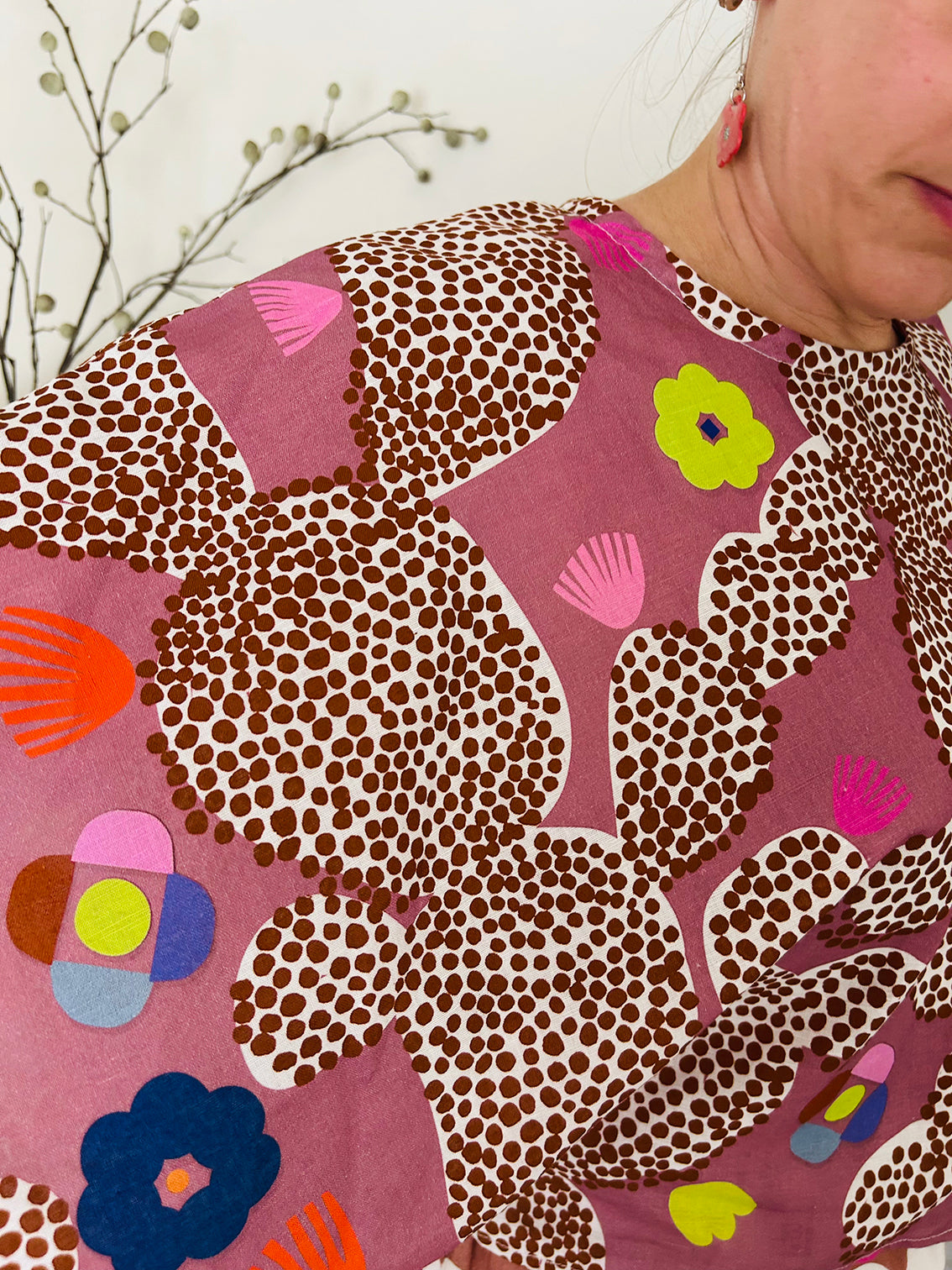 Neon Cacti Bloom 3 quarter sleeve cotton linen top