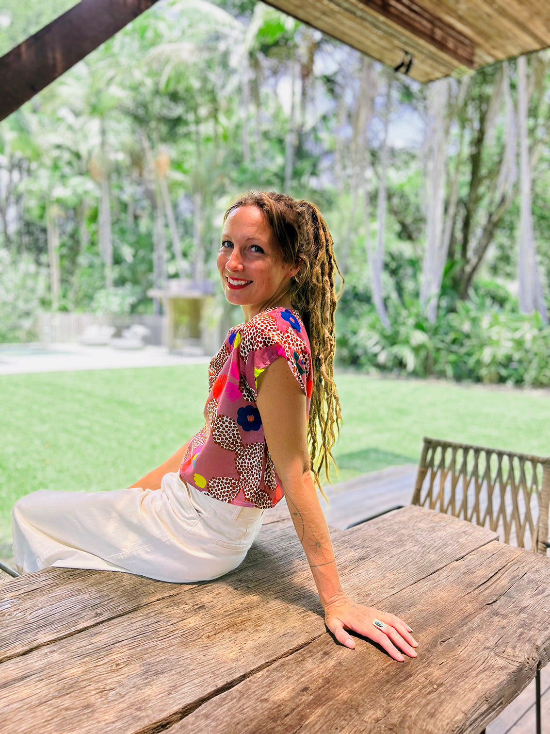 Neon Cacti Bloom cotton linen top