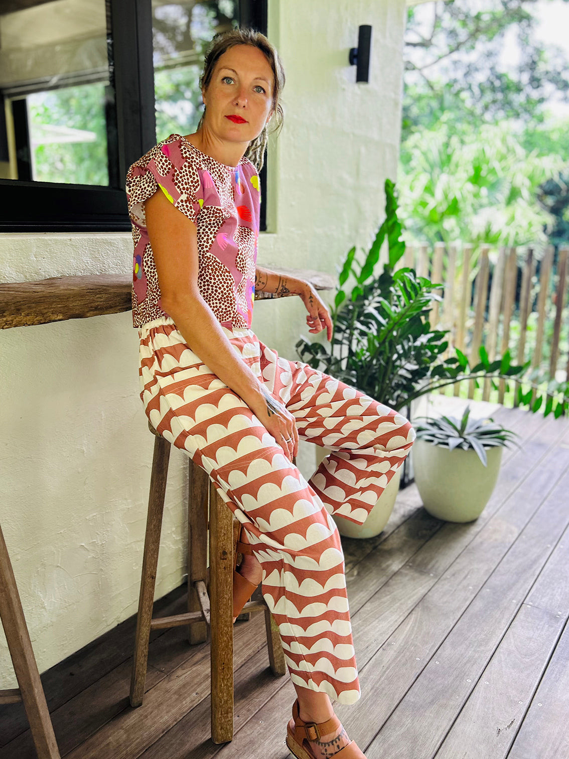 Neon Cacti Bloom cotton linen top