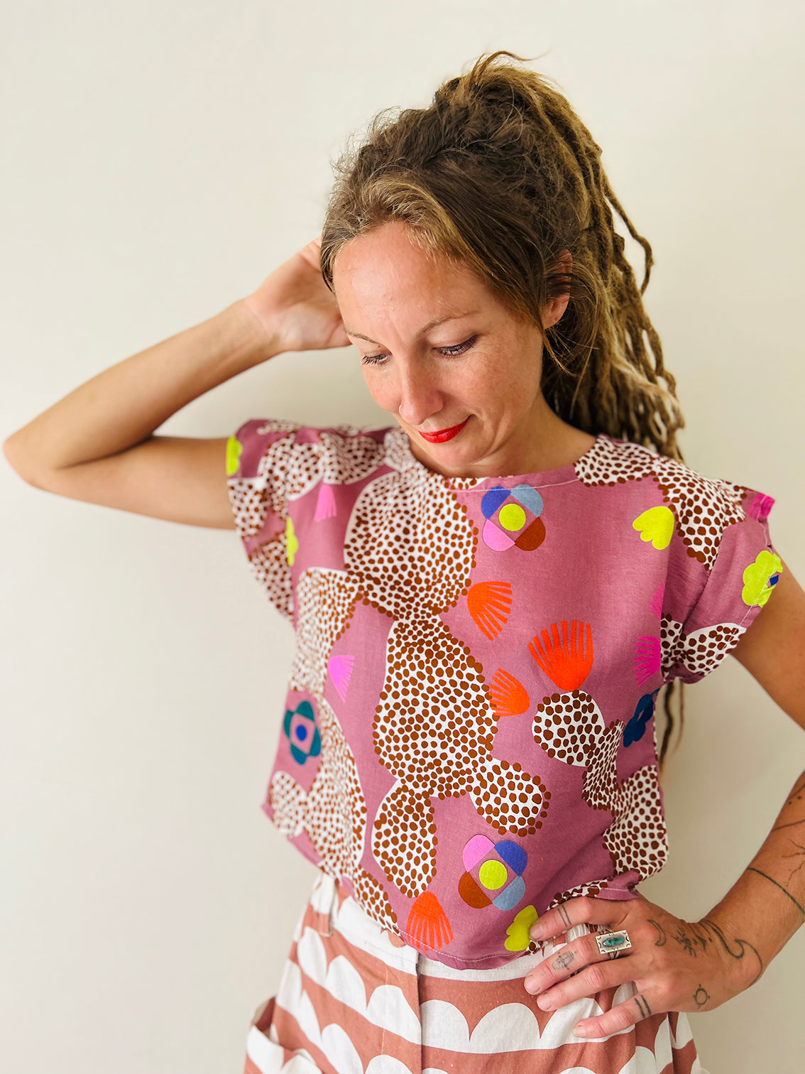 Neon Cacti Bloom cotton linen top