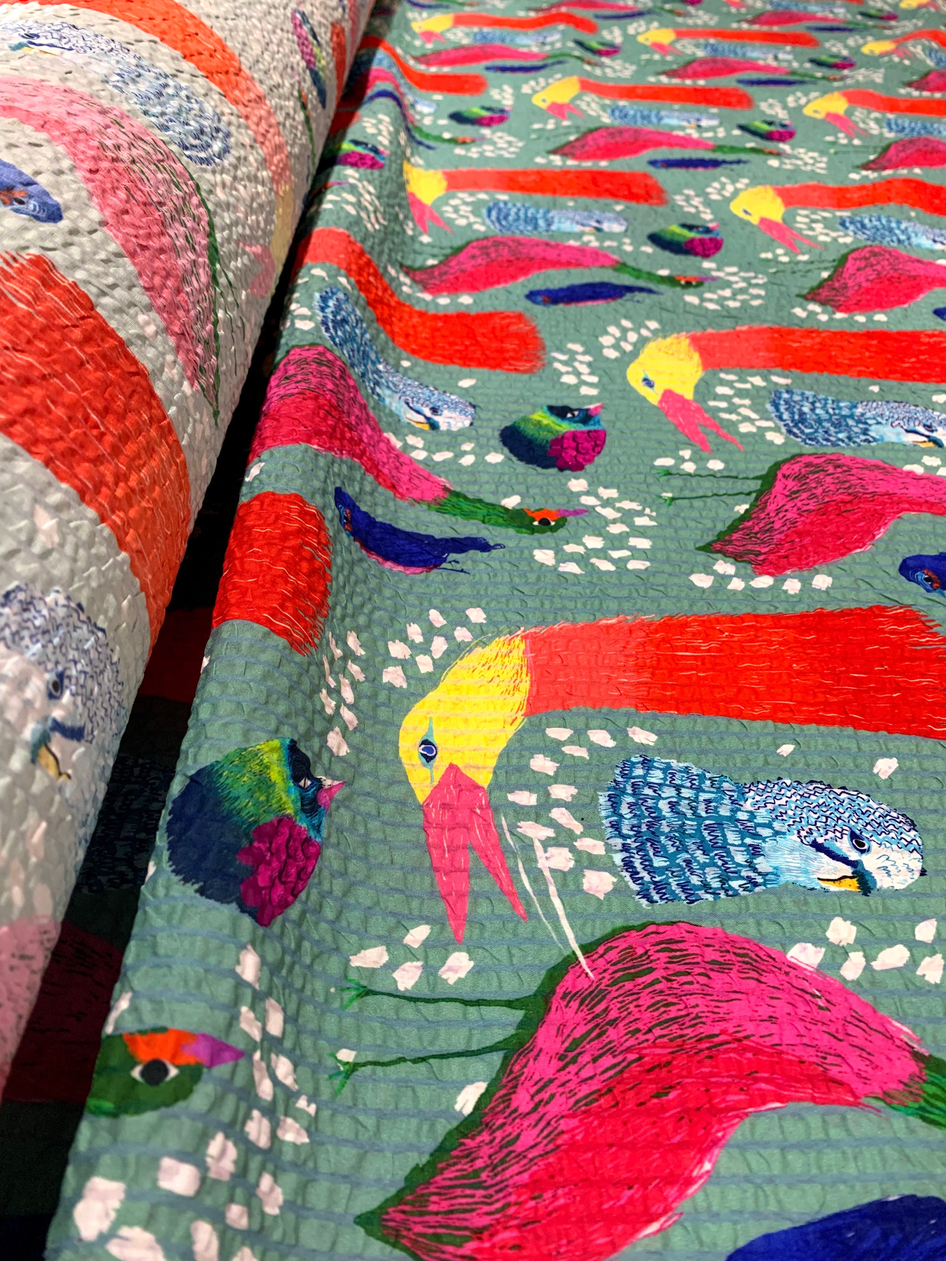 Birds (Teal) Cotton Seersucker (CUT PIECE 2M $30)