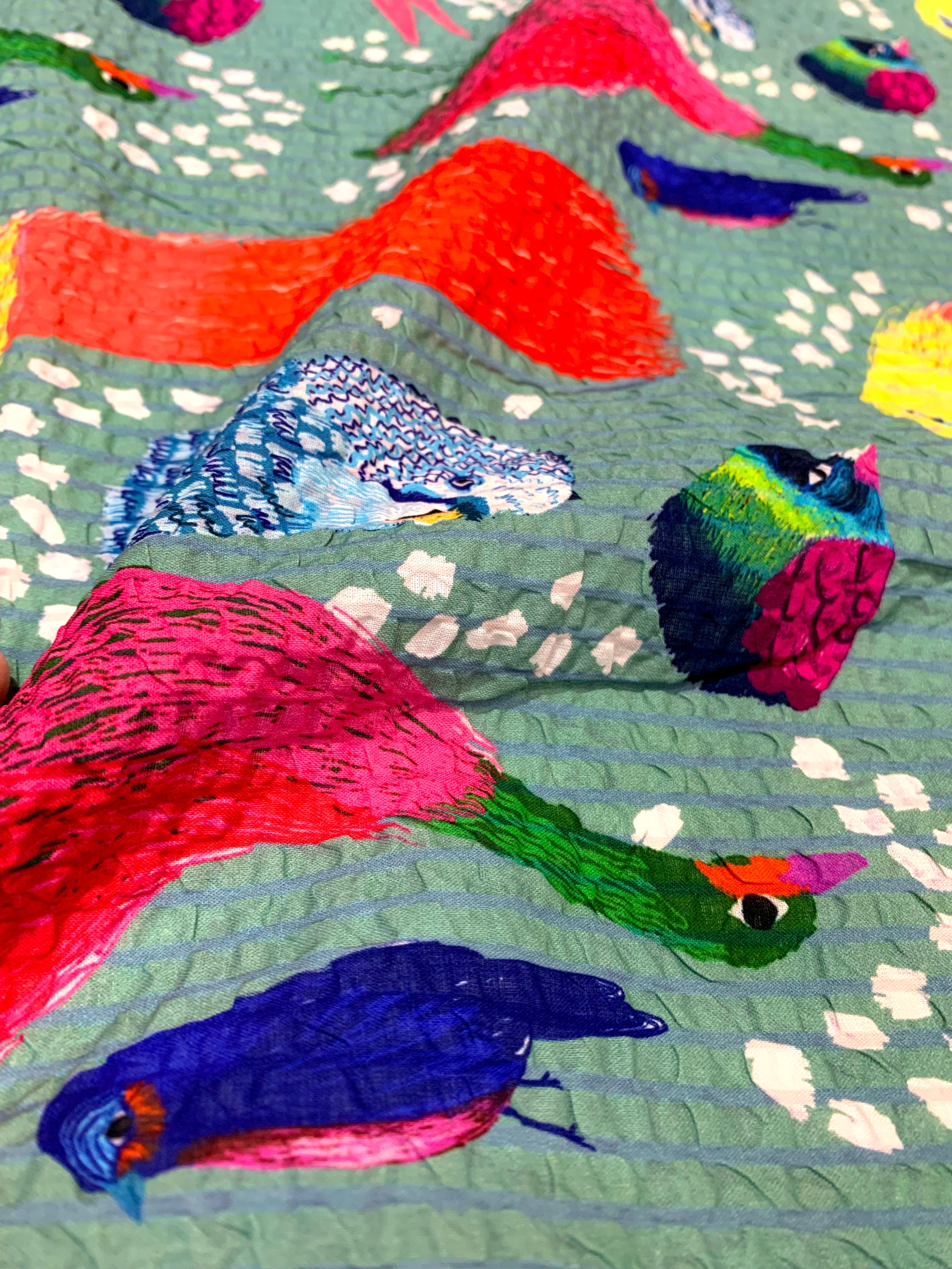 Birds (Teal) Cotton Seersucker (CUT PIECE 2M $30)