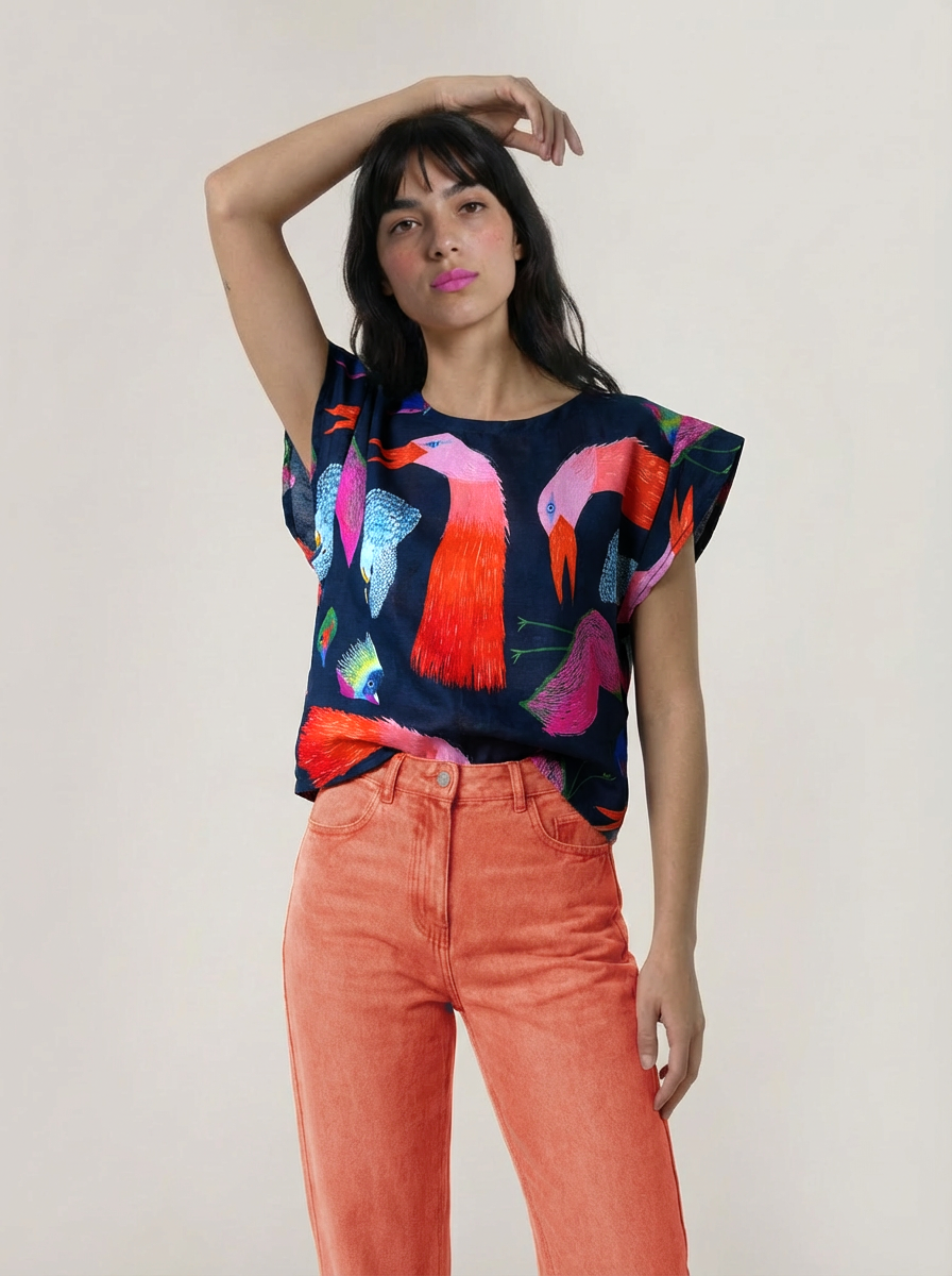 Birds cotton linen top ~ last ones
