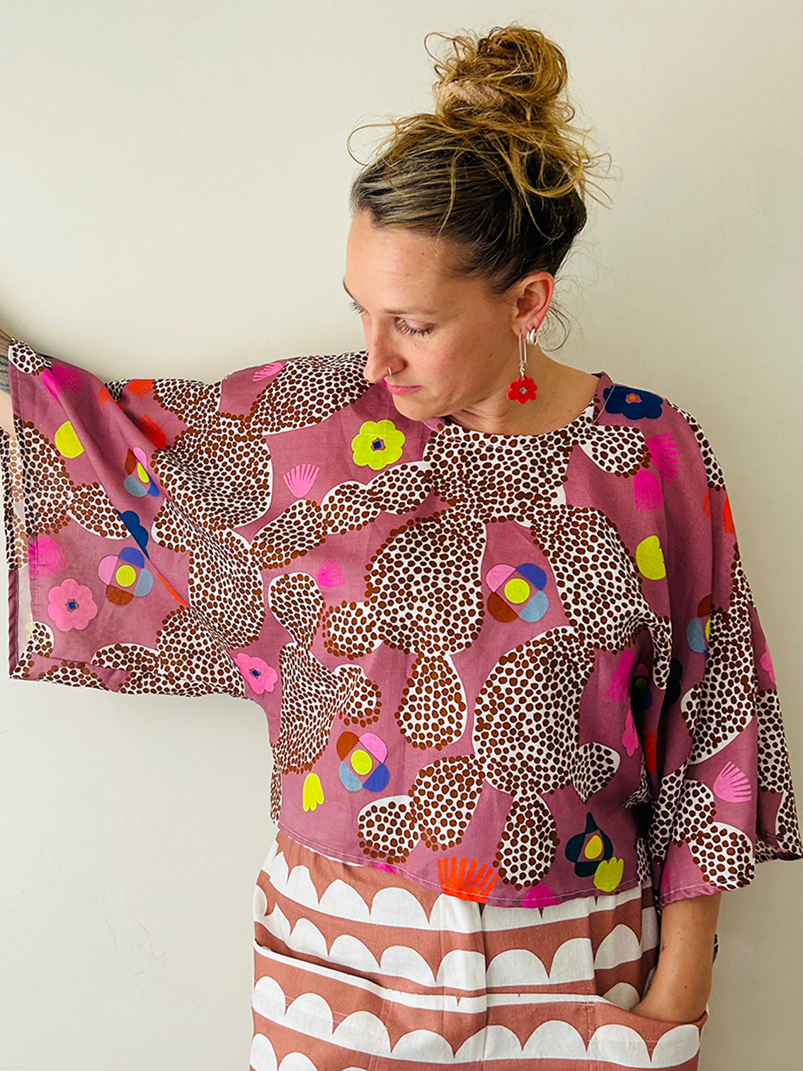 Neon Cacti Bloom 3 quarter sleeve cotton linen top