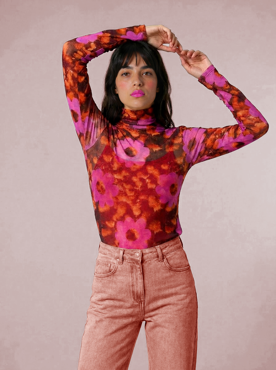 Waratah Bloom Mesh Turtleneck Top