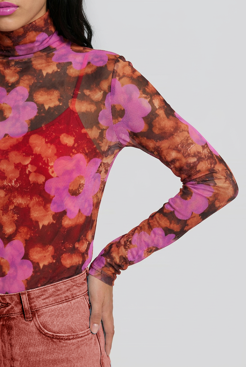 Waratah Bloom Mesh Turtleneck Top