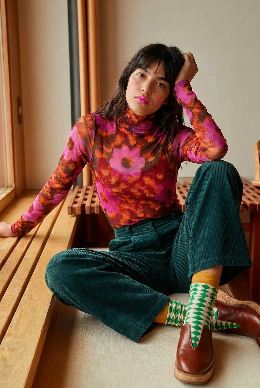 Waratah Bloom Mesh Turtleneck Top