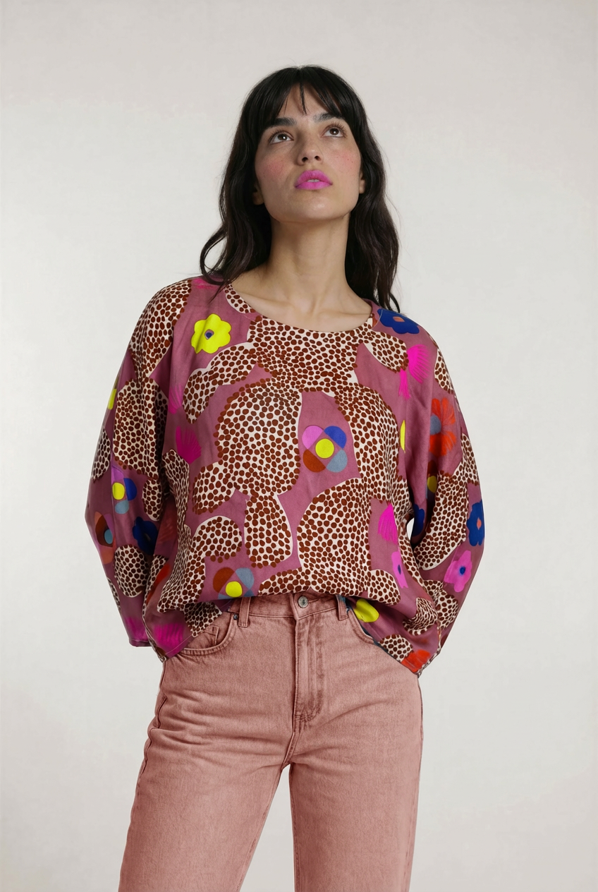 Neon Cacti Bloom 3 quarter sleeve cotton linen top