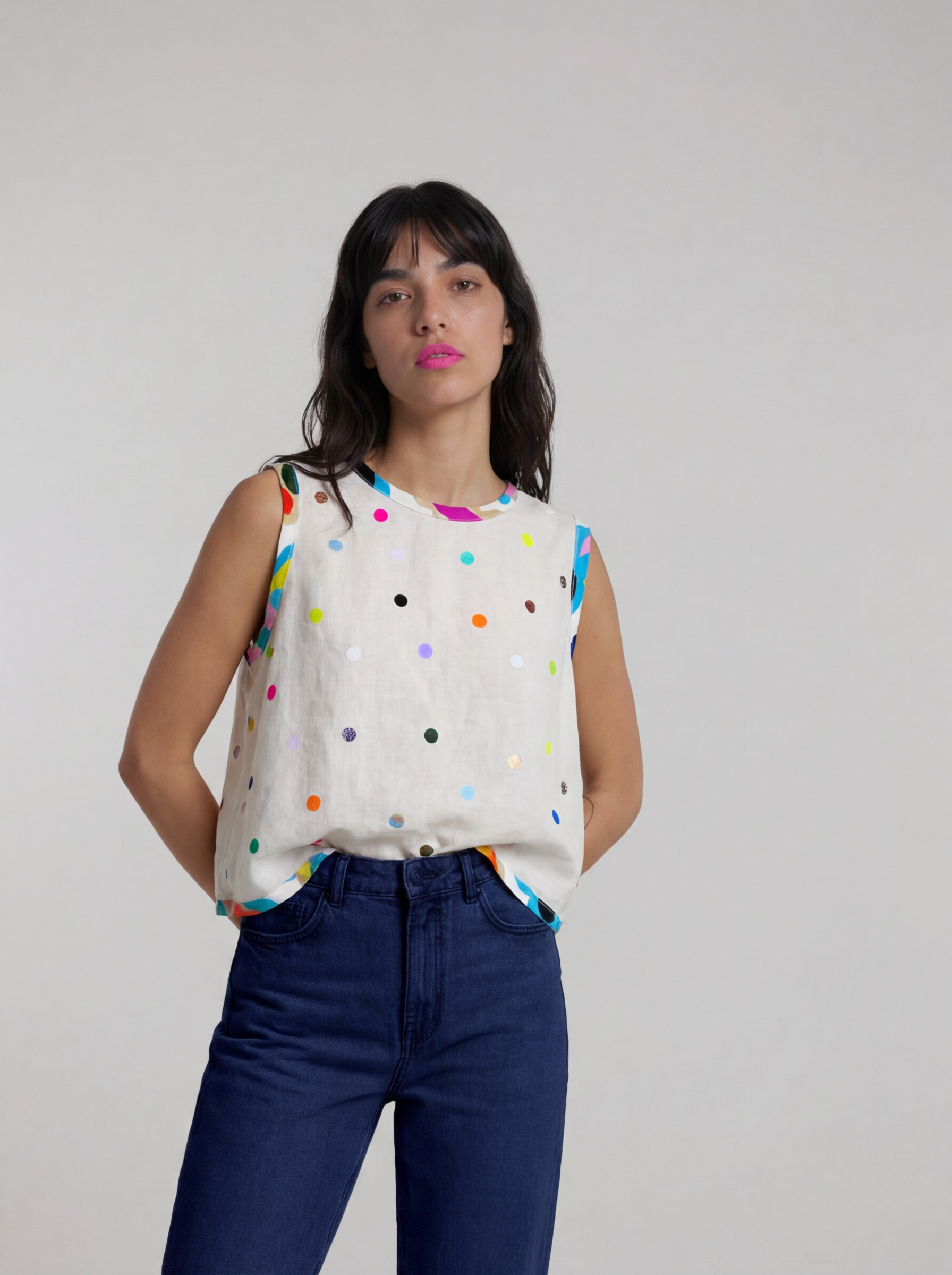 Confetti hand cut vinyl linen cotton blouse ~ last one L