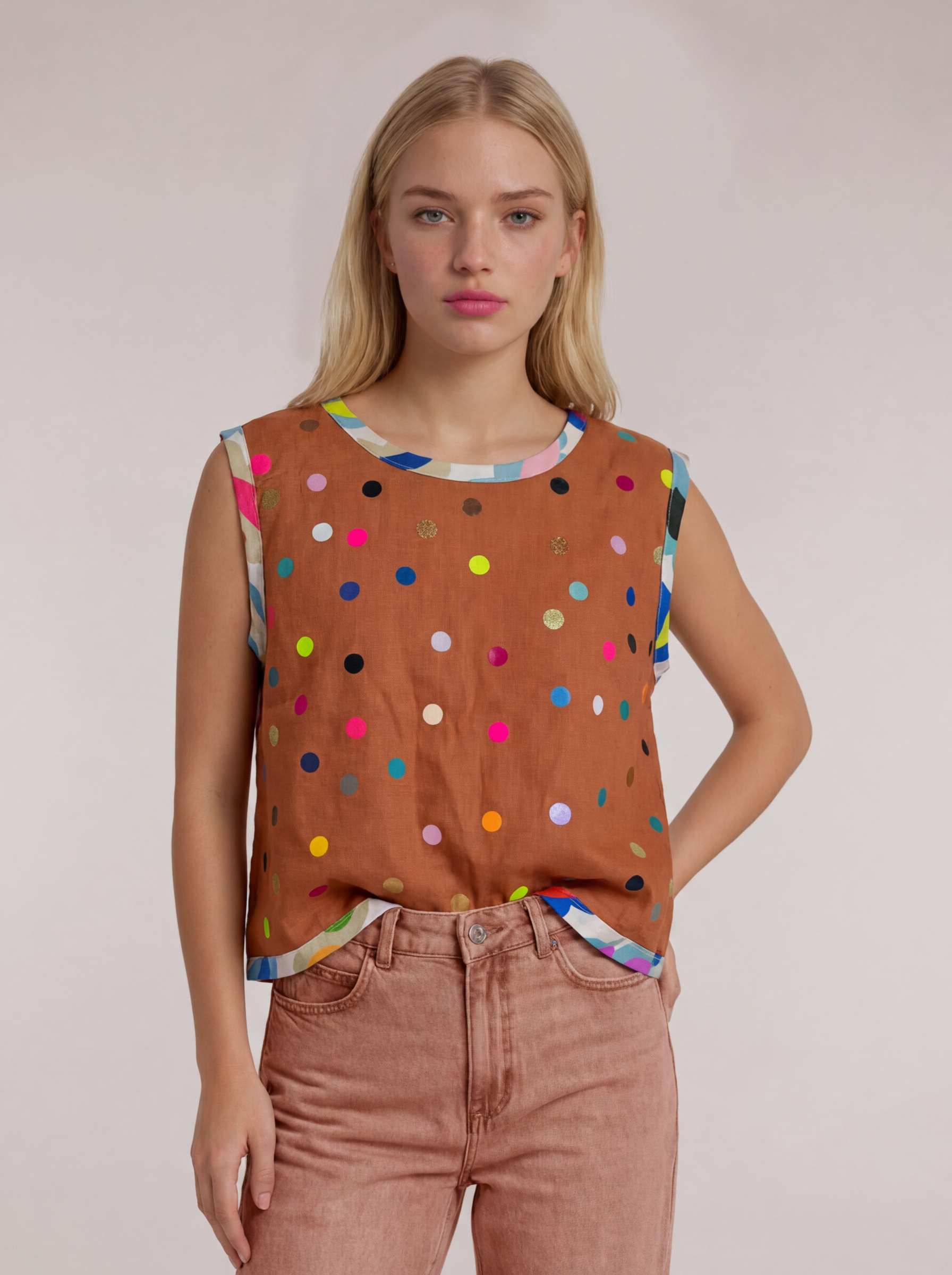 Confetti Brown hand cut vinyl linen cotton blouse ~ last one
