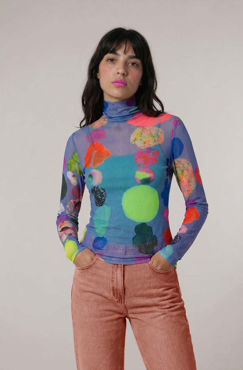 Electric Glow Mesh Turtleneck Top