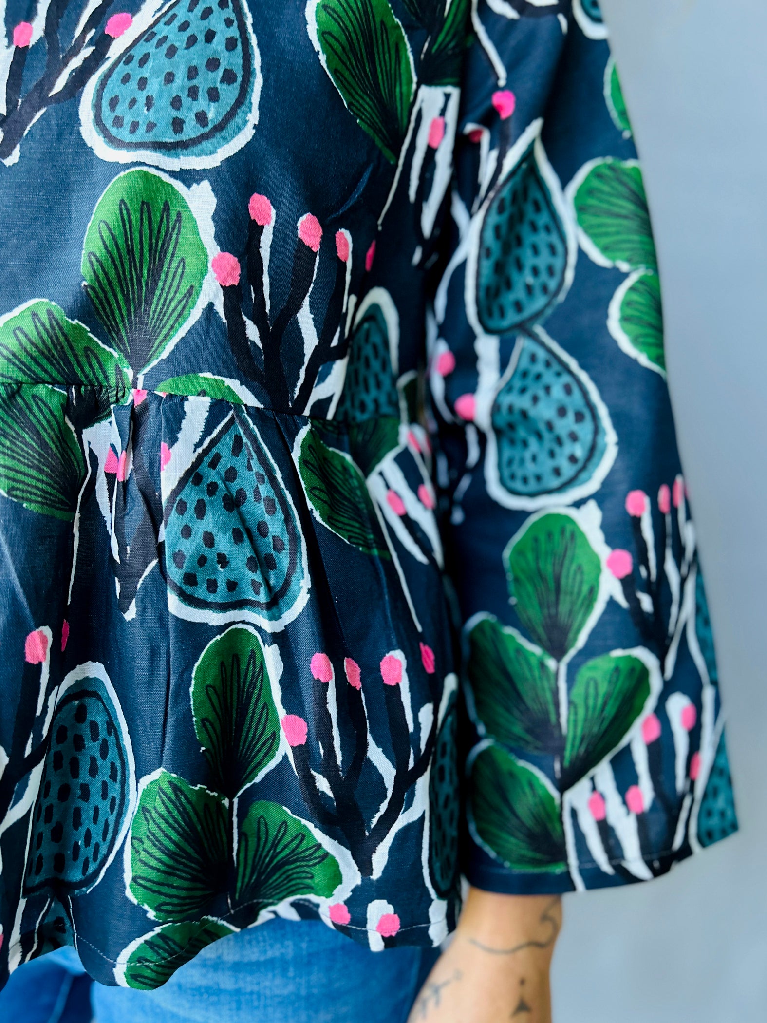 Coral Cactus navy pleated cotton top