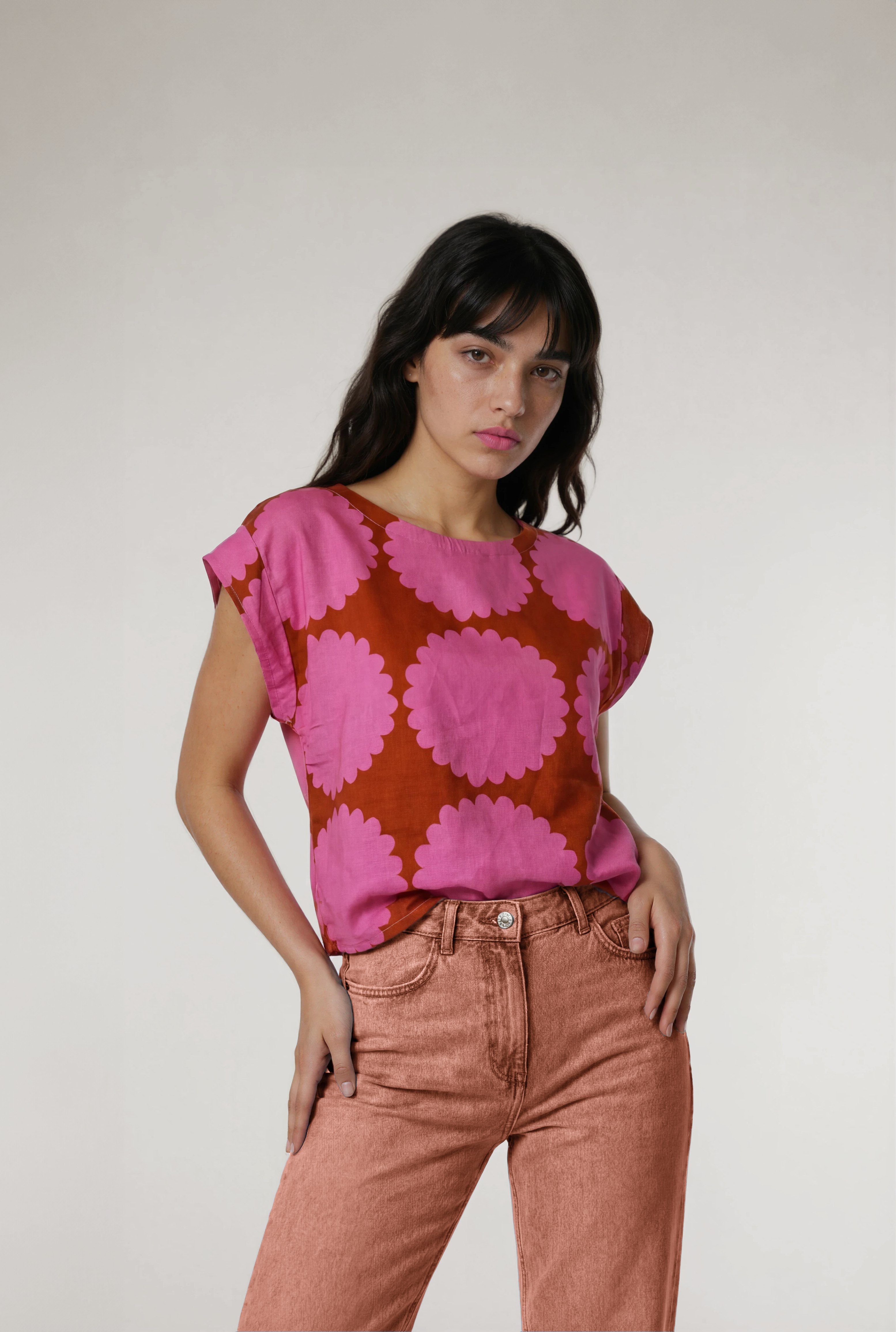 Pink Bloom cotton linen top