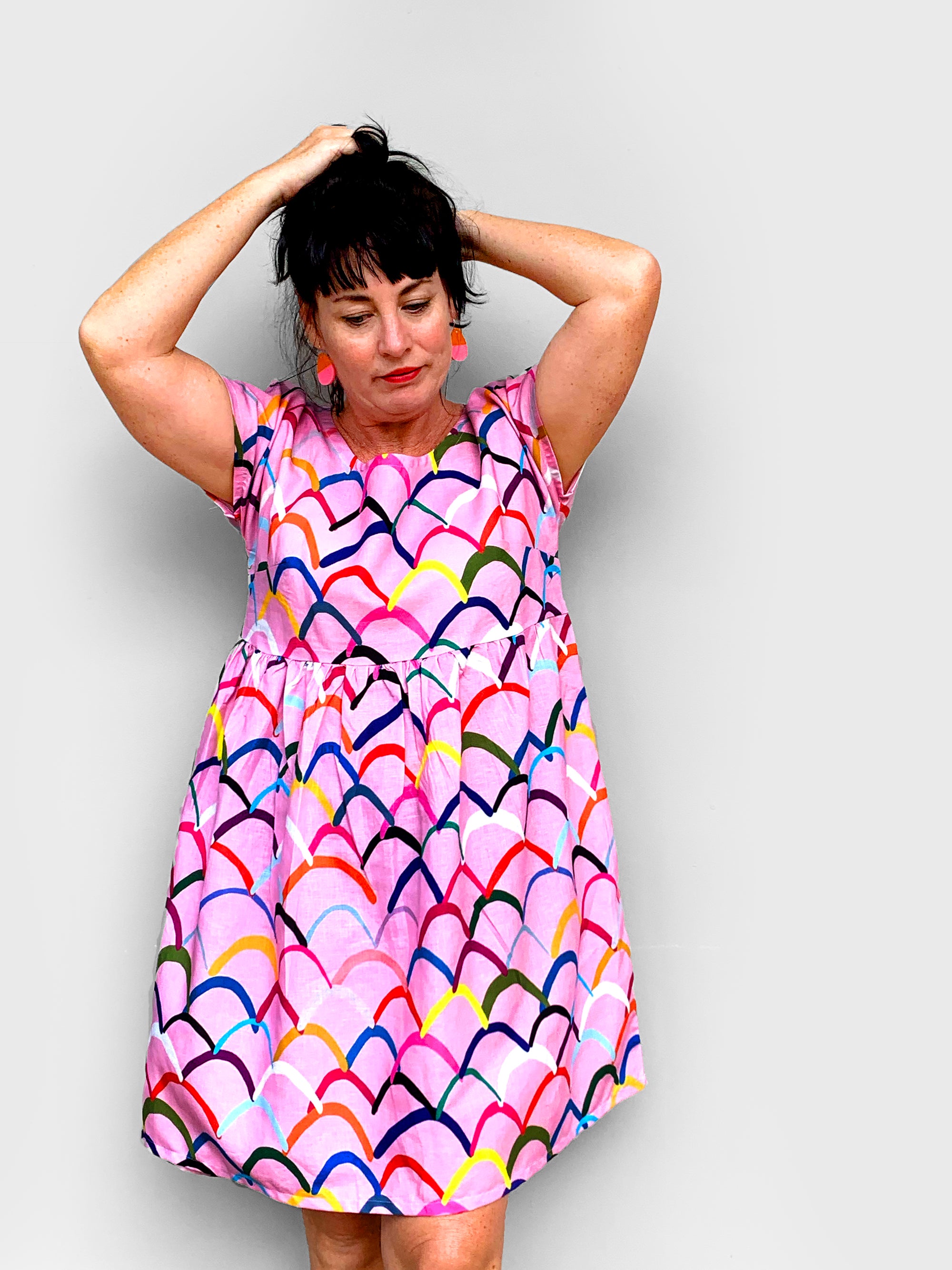 Pink Waves 100% cotton+linen pleated dress (5303304487065)