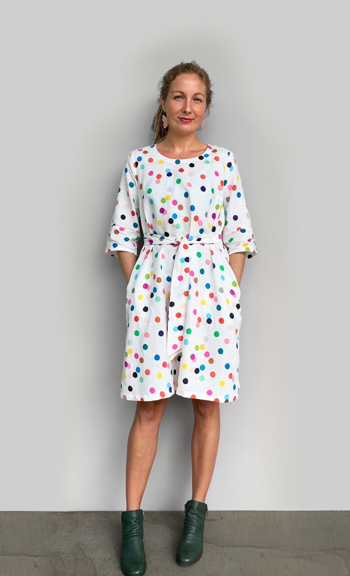Confetti 100% cotton dress with tie (teal) (7106992930969)