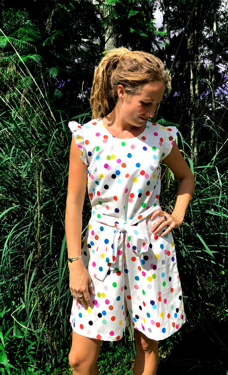 White Confetti 100% linen jumpsuit with tie & option on sleeve (4558909931616)