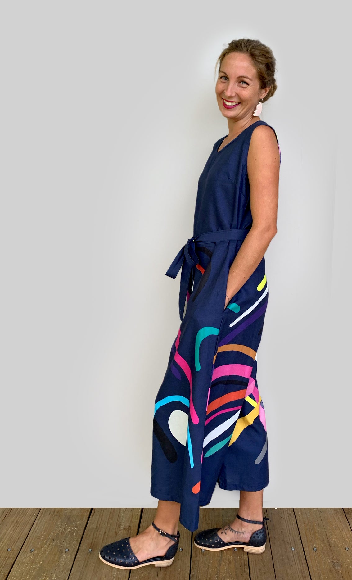 Doops Loops 100% linen jumpsuit (navy) with tie (2093608763488)
