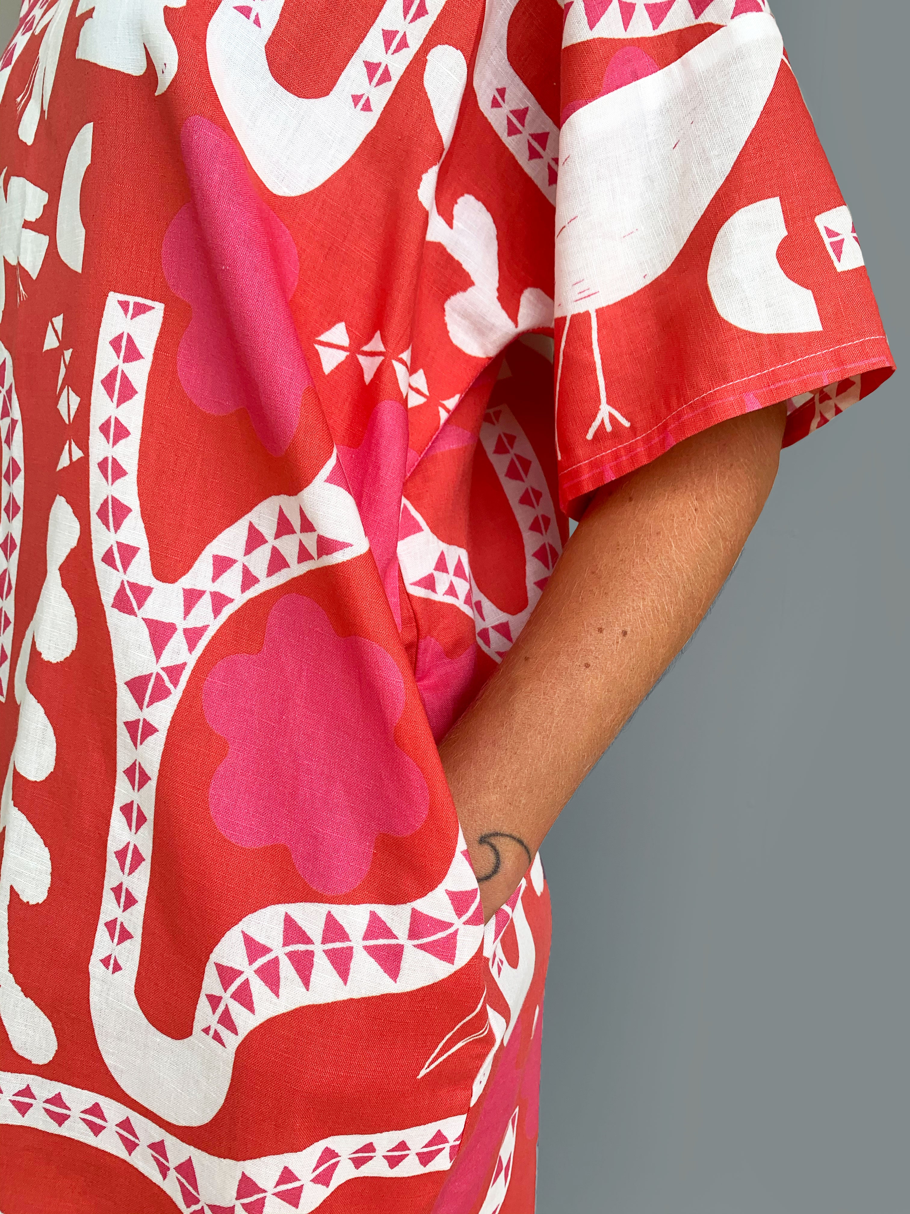 Red Kooki linen dress with tie (5815474782361)