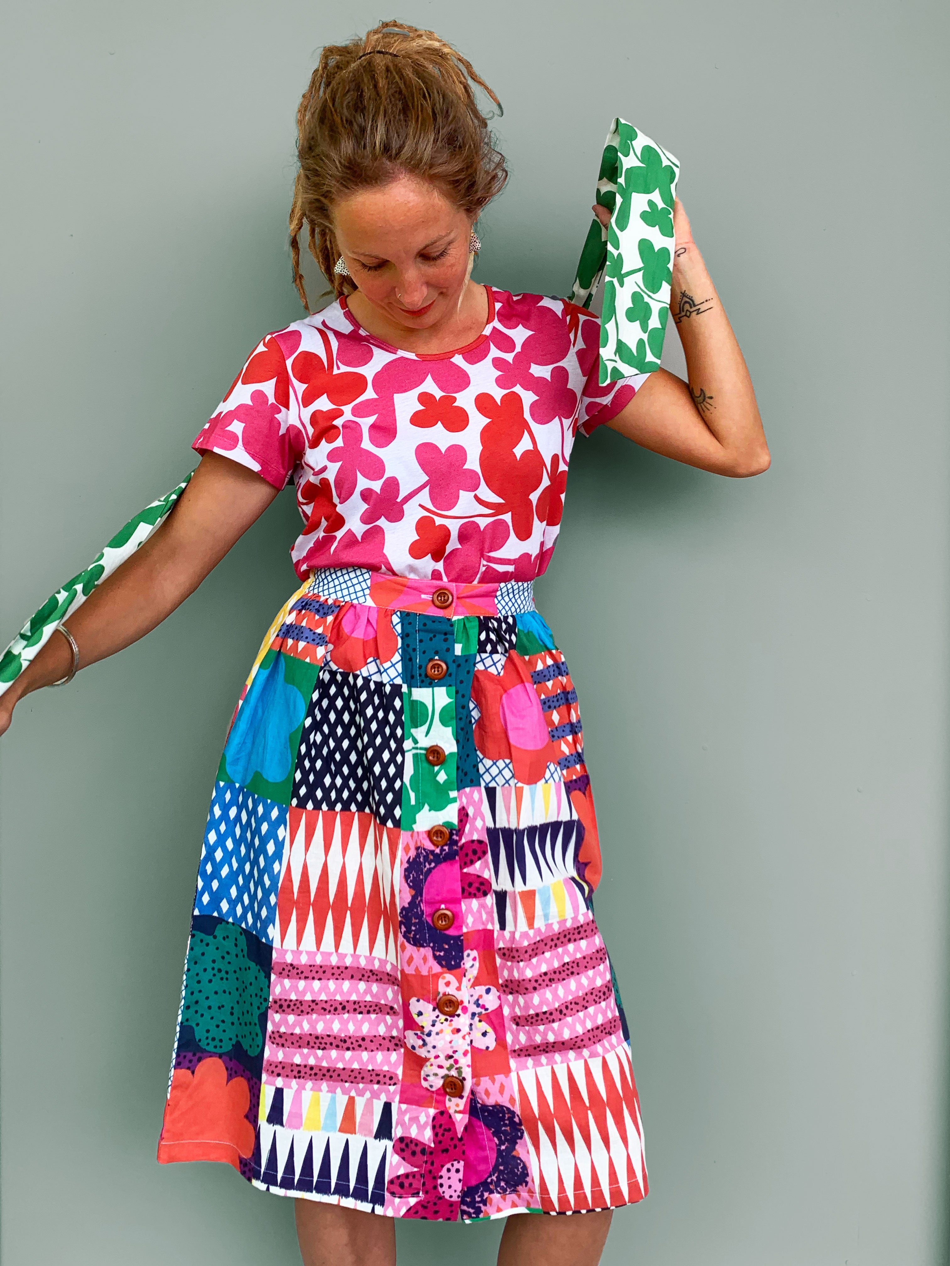 Kooki Patchwork 100% linen cotton skirt (5814859038873)