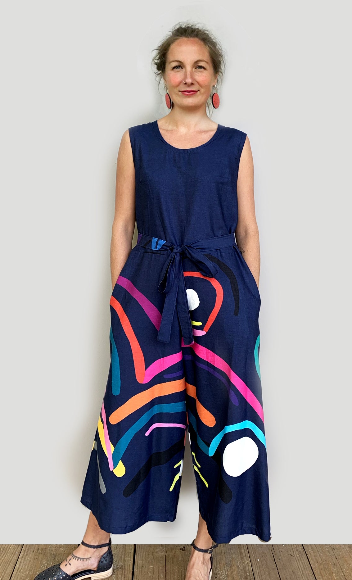 Doops Loops 100% linen jumpsuit (navy) with tie (2093608763488)