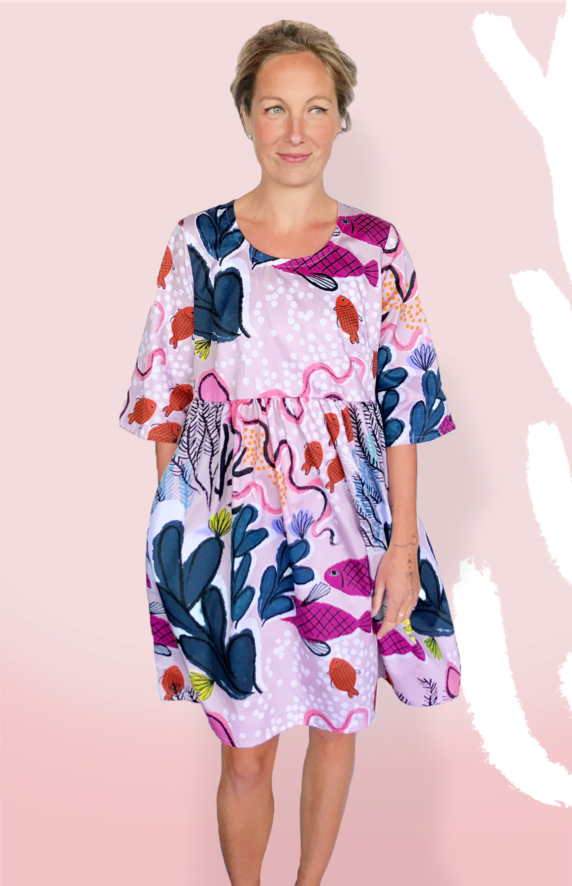 SALE Beige - mauve  Sea 100% Organic Cotton Pleated  Dress (1404338438240)