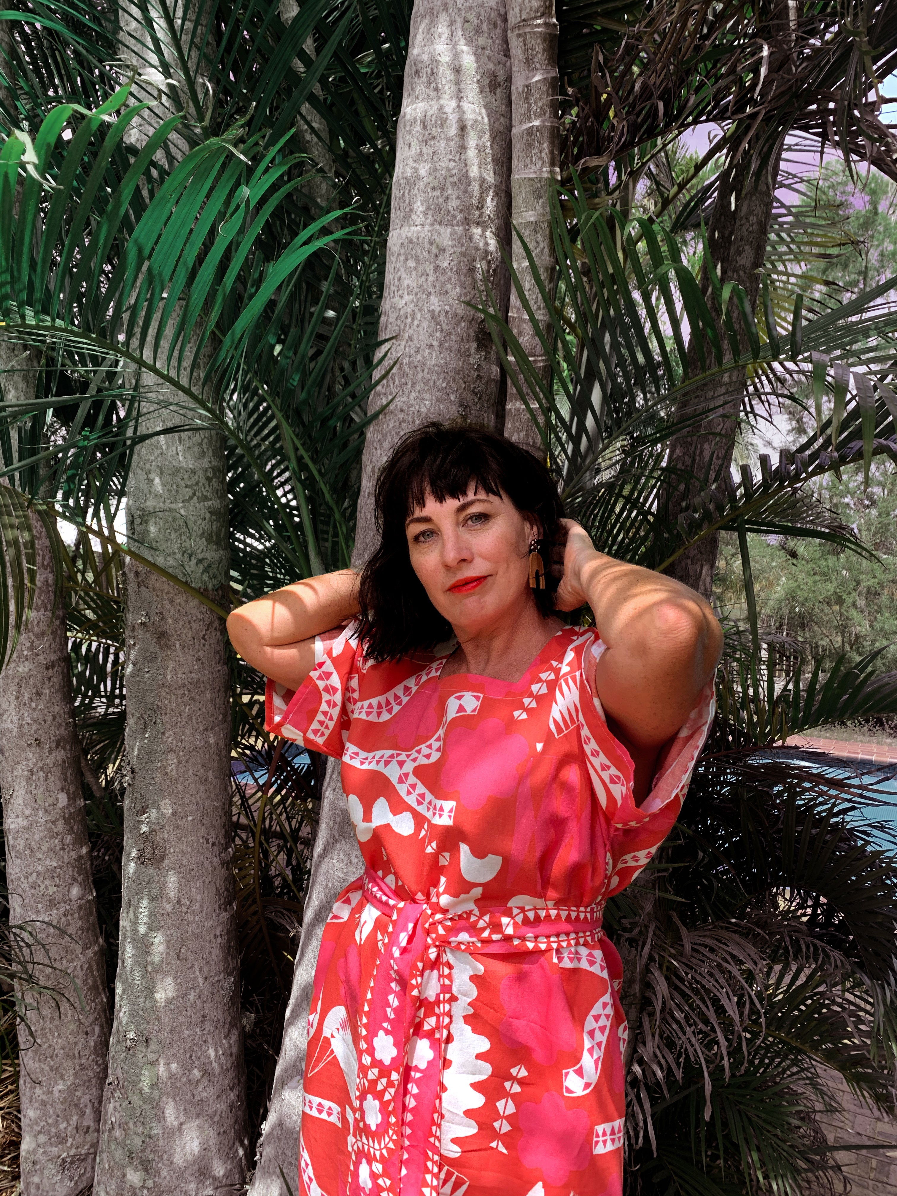 Red Kooki linen dress with tie (5815474782361)