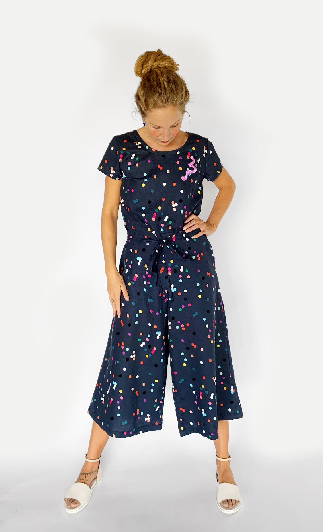 Confetti 100% linen jumpsuit (navy) with tie & option on sleeve (1918232395872)