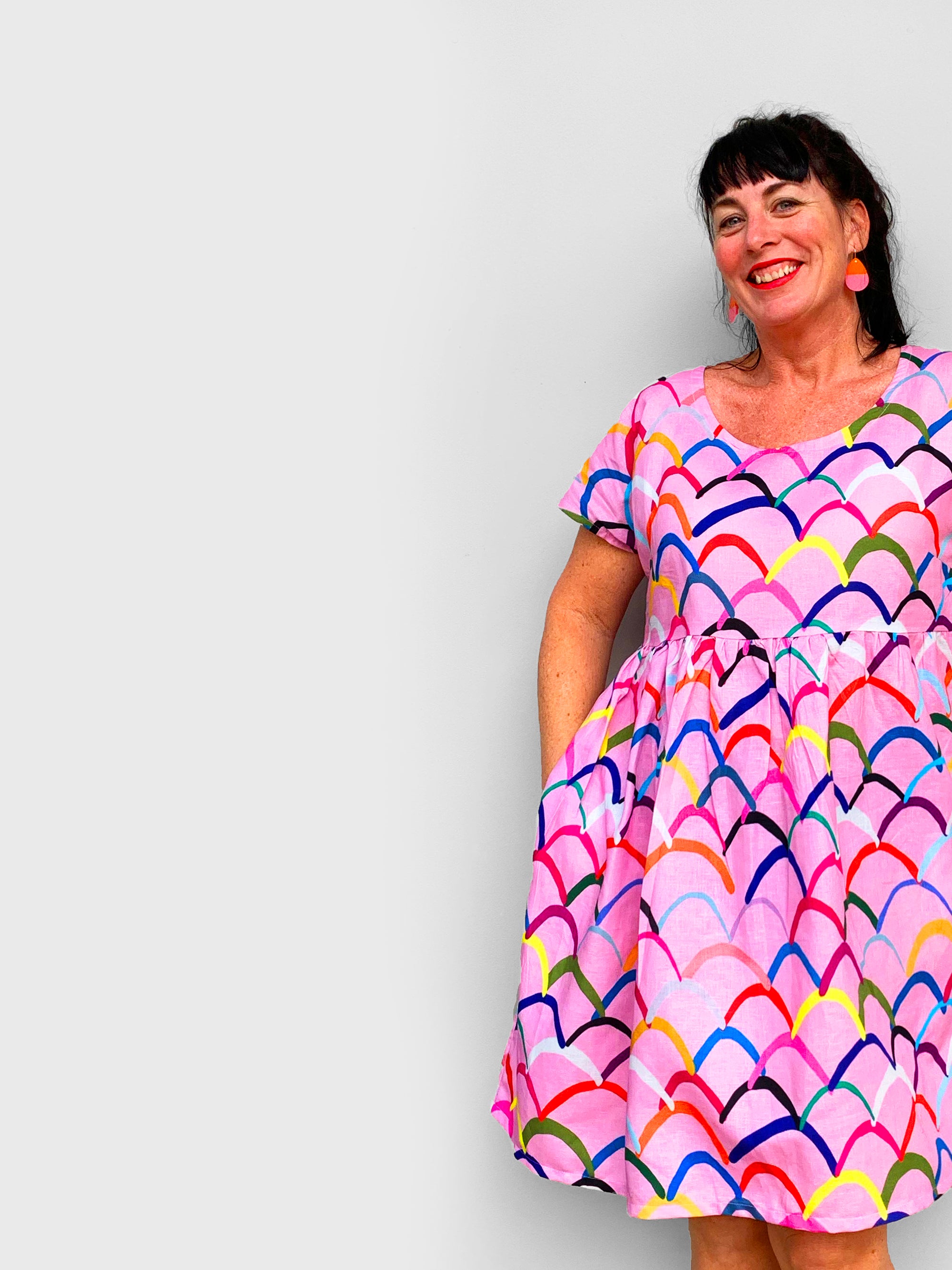 Pink Waves 100% cotton+linen pleated dress (5303304487065)