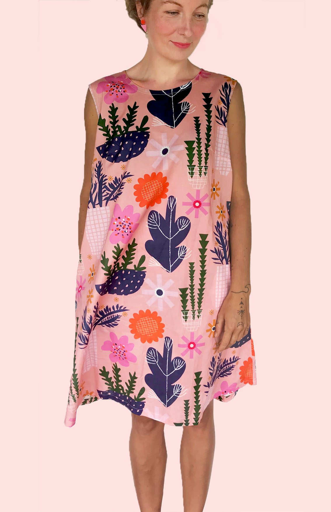 Peach Retro Pot Plant Garden 100% cotton dress with pockets (sleeveless) (334685208606)