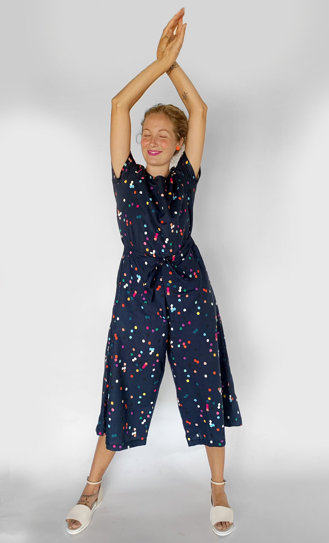 Confetti 100% linen jumpsuit (navy) with tie & option on sleeve (1918232395872)