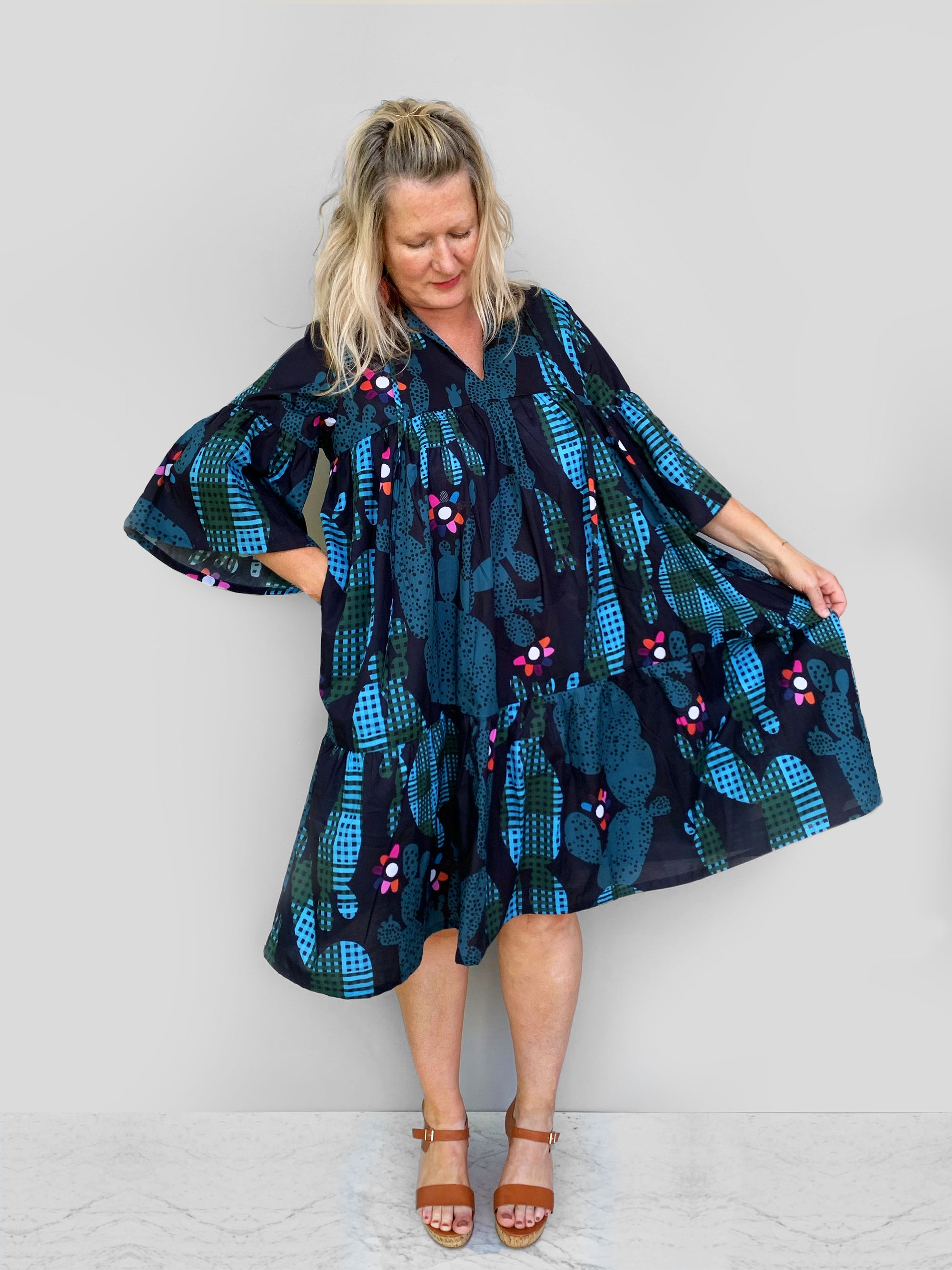 Cacti pleated dress 100% lawn cotton (5909011693721)
