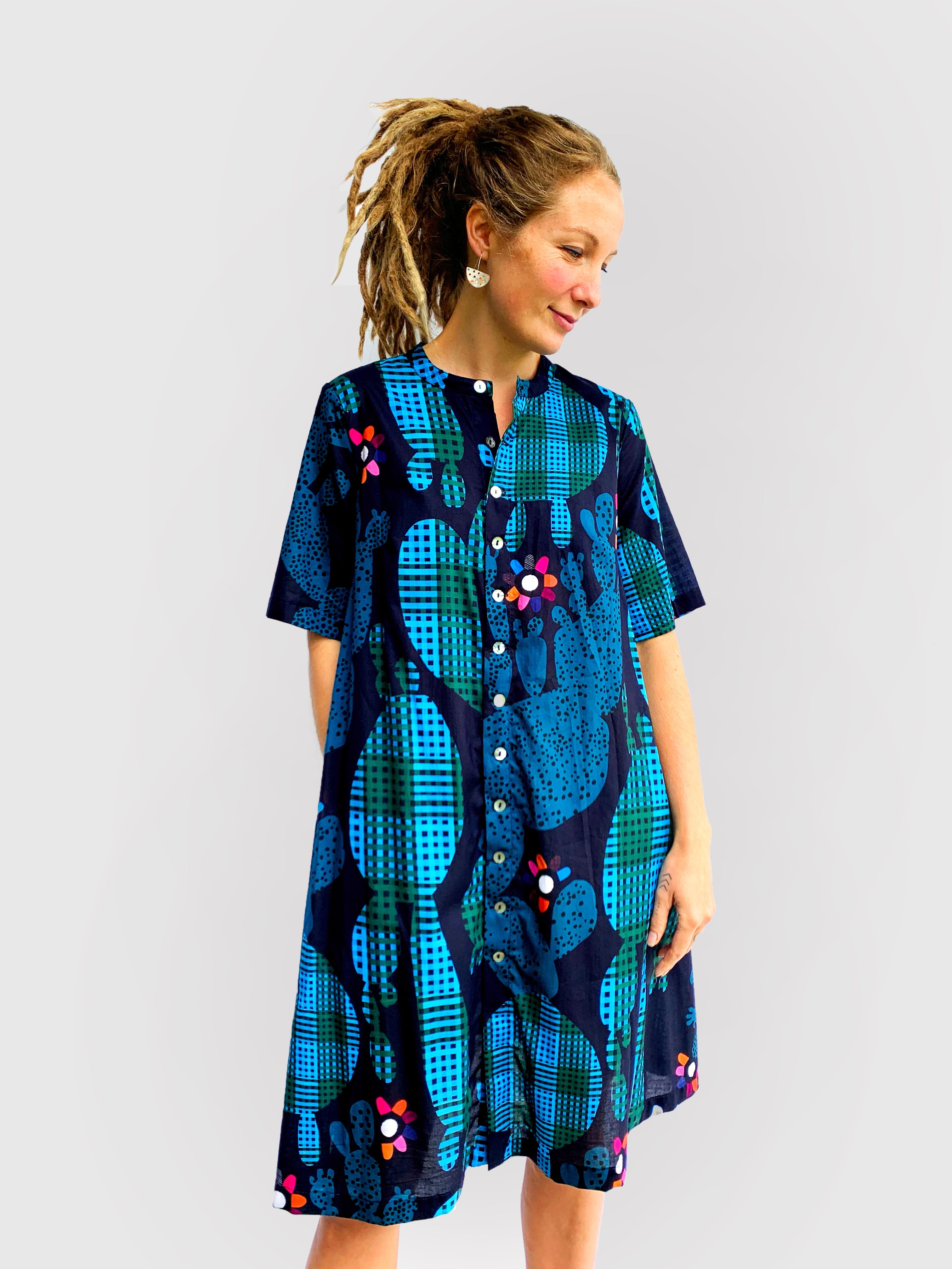 Blink Cactus 100% cotton dress with tie (4636297789536)