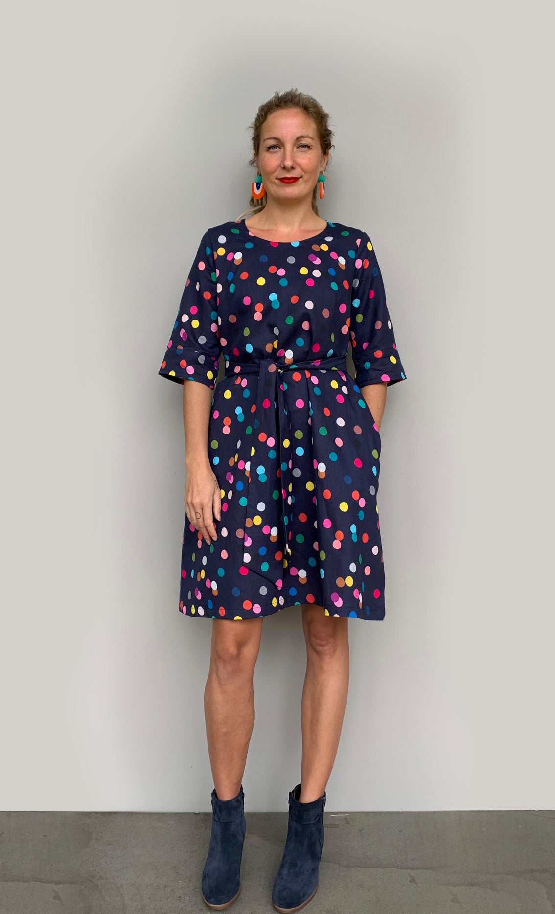 Confetti linen dress with tie (navy)ONLY ONE TEAL LEFT. (2110849712224)