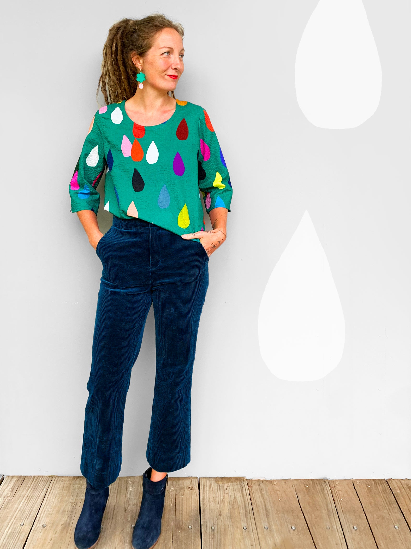 Bright Drops 100% (Teal Green) seersucker cotton top