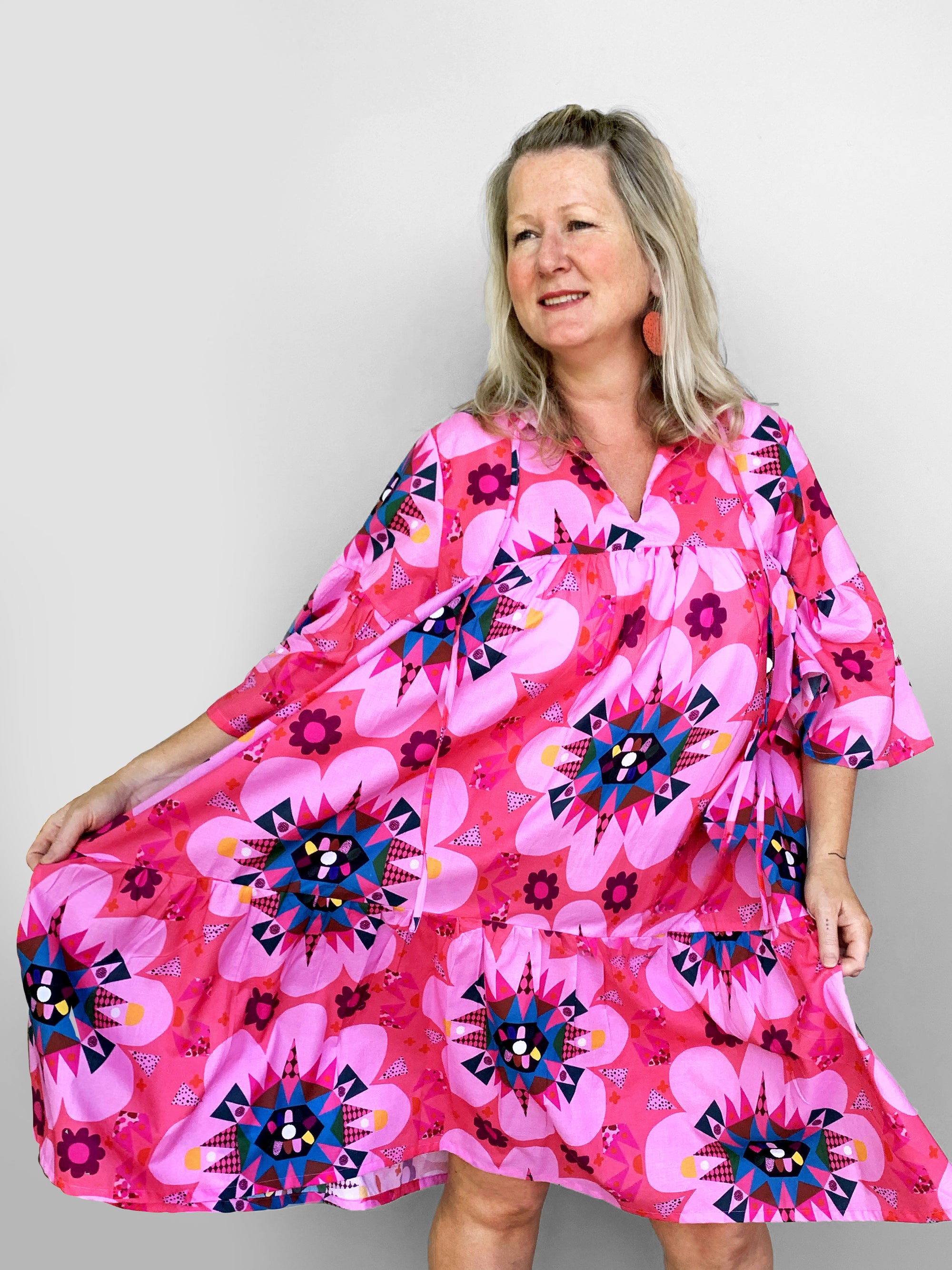 Pink Cacti pleated dress 100% lawn cotton (5909249163417)
