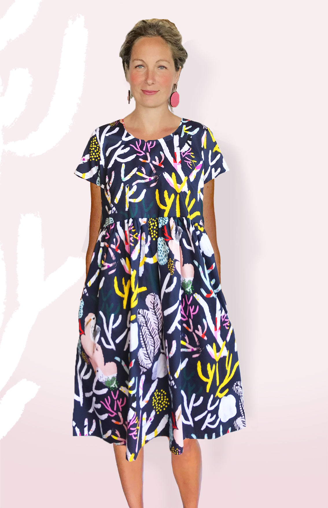 Navy Coral Garden 100% Organic Cotton Pleated Dress (1404156575840)