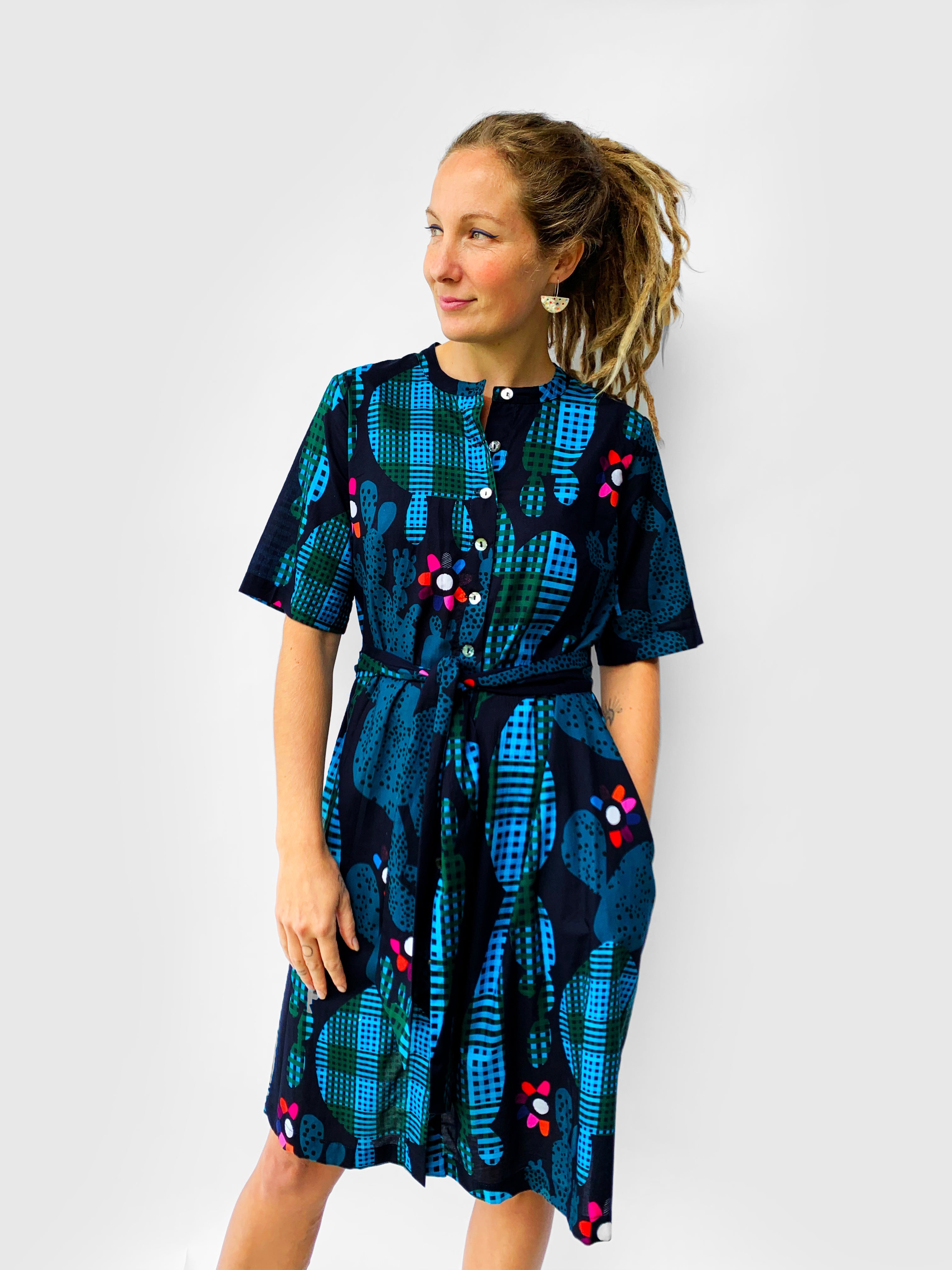 Blink Cactus 100% cotton dress with tie (4636297789536)