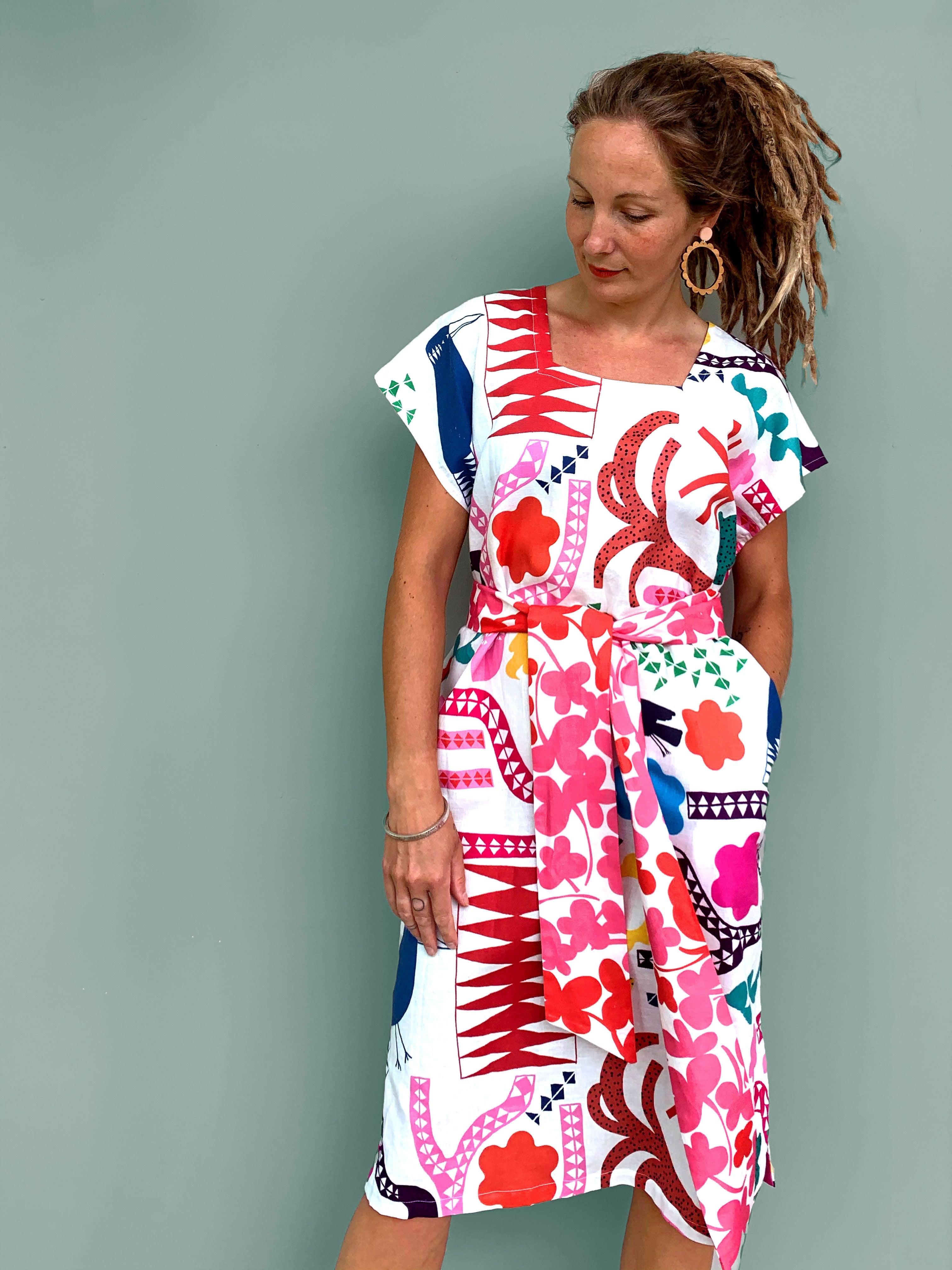 Bright Kooki linen dress with tie (5815296884889)