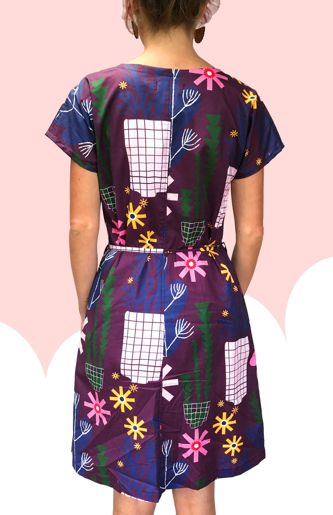 Purple Retro Pot Plant Garden 100% cotton dress with pockets (cap sleeves) (332523536414)