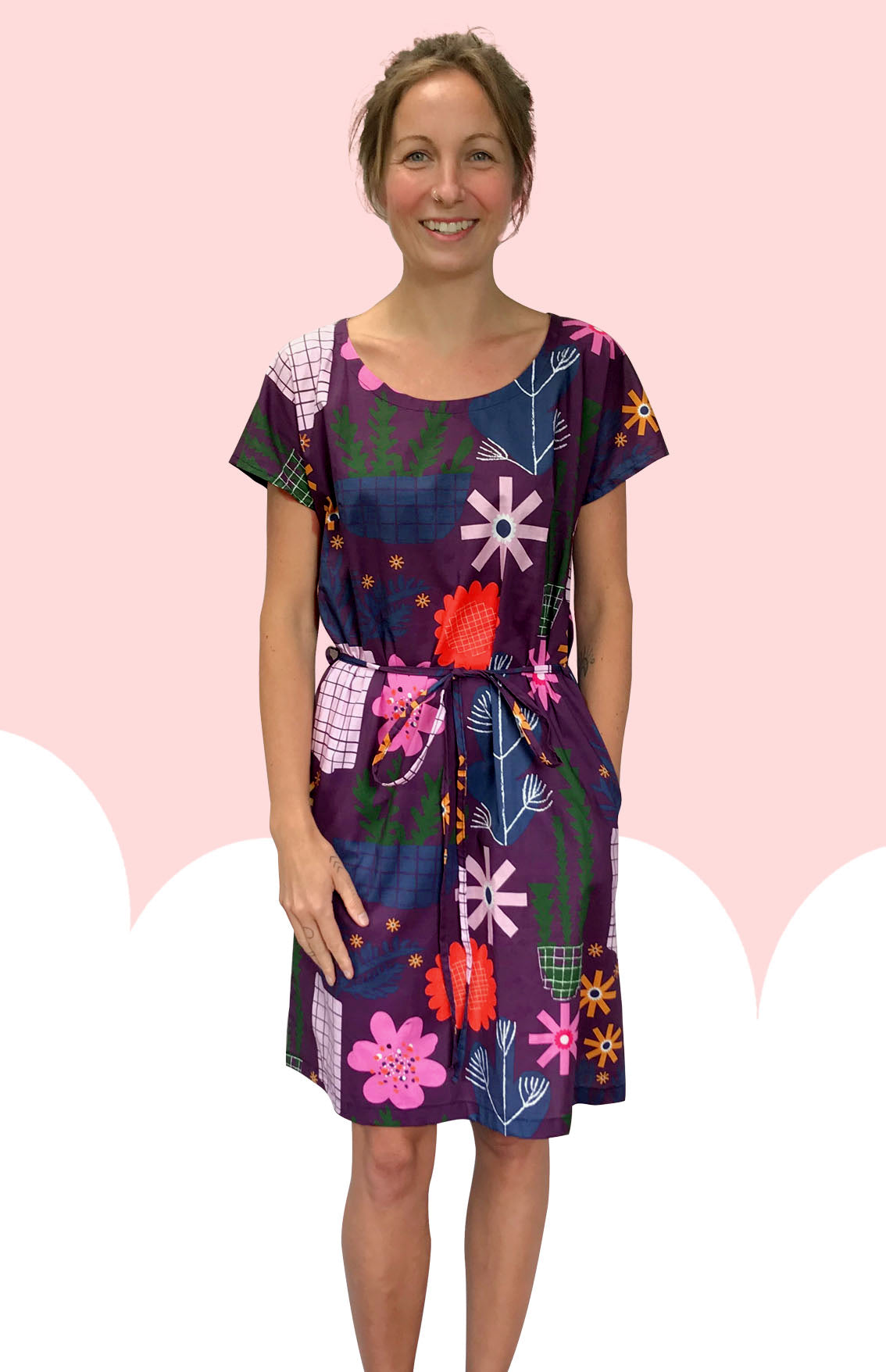 Purple Retro Pot Plant Garden 100% cotton dress with pockets (cap sleeves) (332523536414)